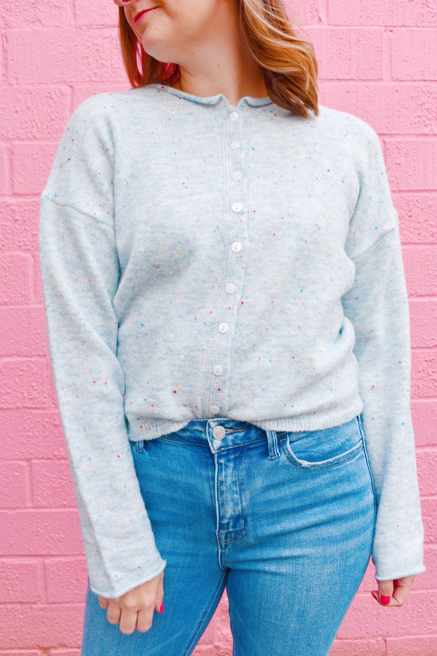 Baby Blue Confetti Speckled Button Down Cardigan