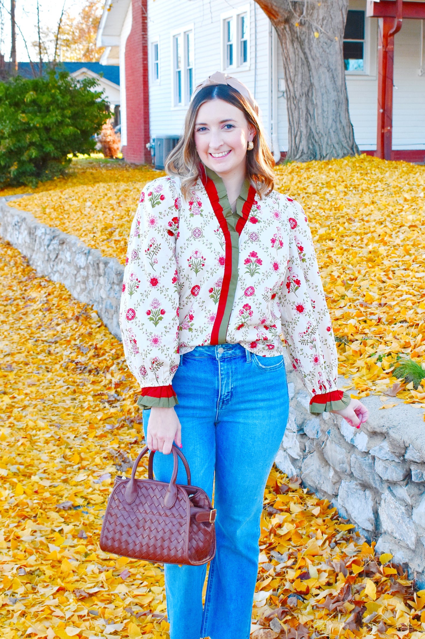 Fall Floral Ruffle Contrast Blouse
