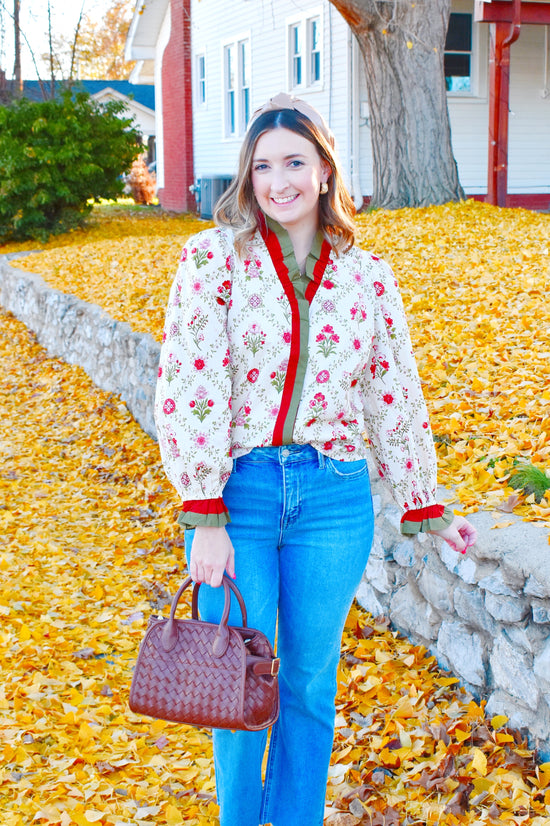 Fall Floral Ruffle Contrast Blouse