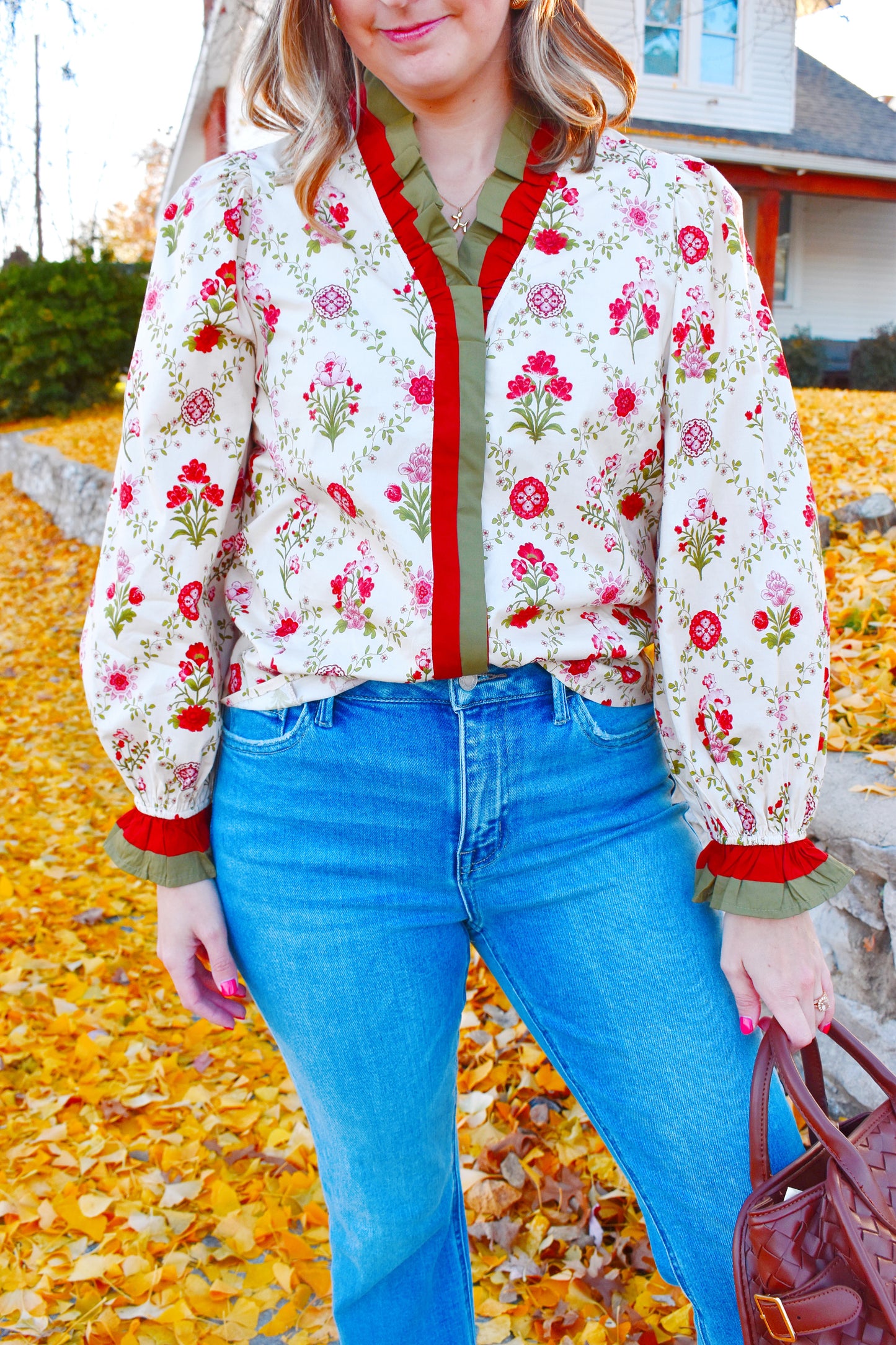 Fall Floral Ruffle Contrast Blouse