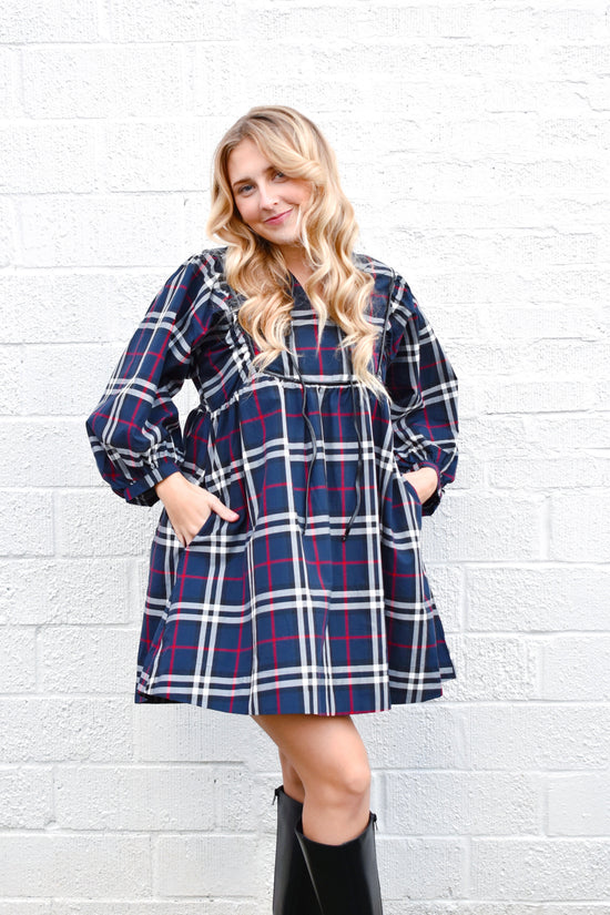 Navy Plaid Babydoll Dress