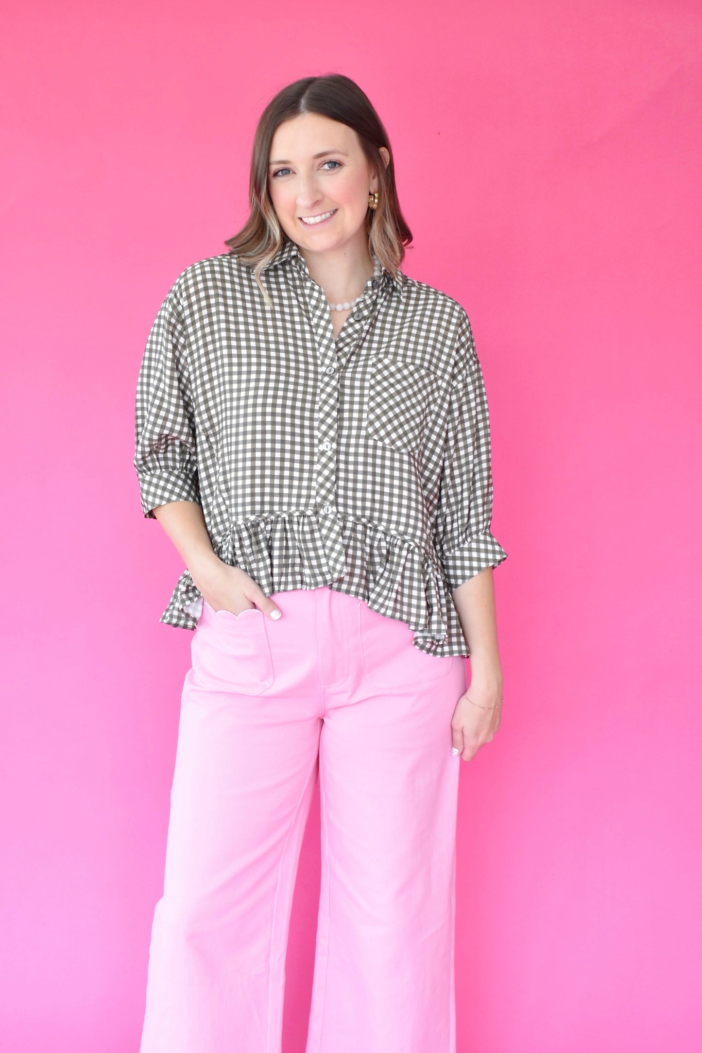 Olive Gingham Ruffle Hem Button Down Top