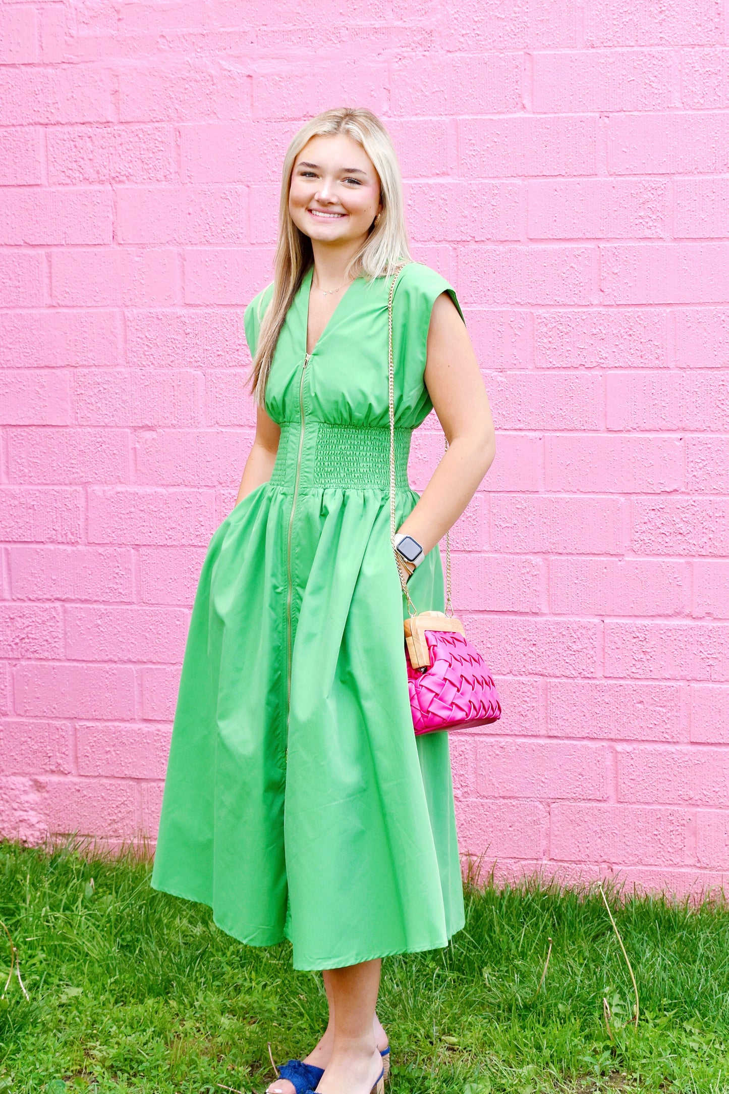 green zip front dress The Adeline Green Zip Up Midi Dress