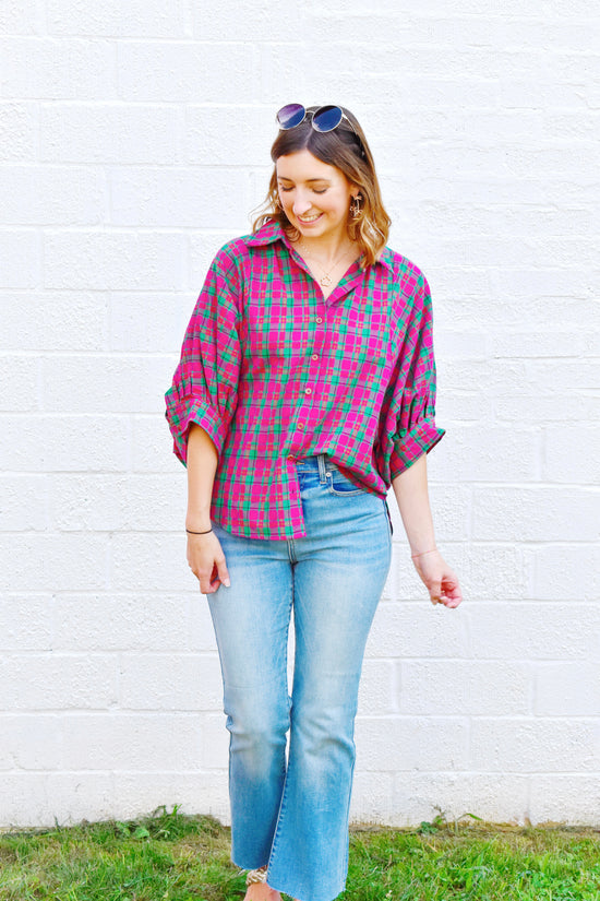 Magenta Plaid Oversized Button Up Top