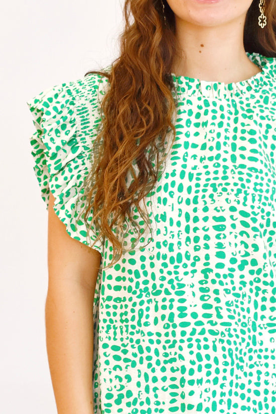 Green Spot Ruffle Cap Sleeve Blouse