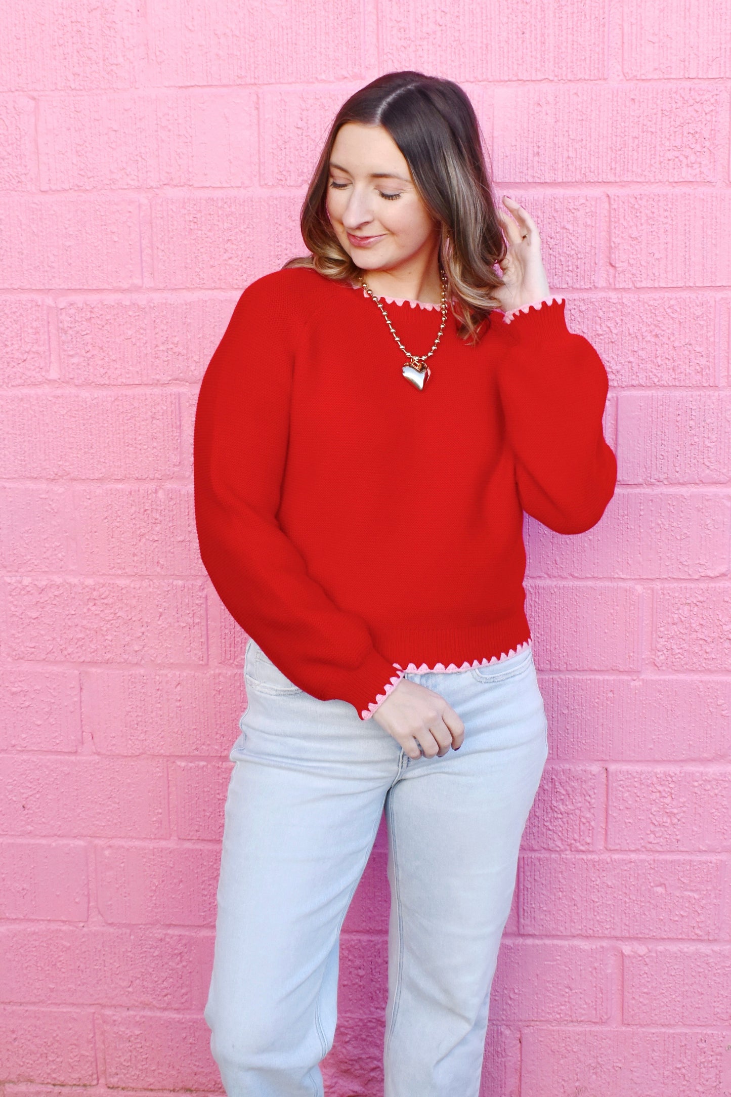 Red Pink Blanket Stitch Sweater