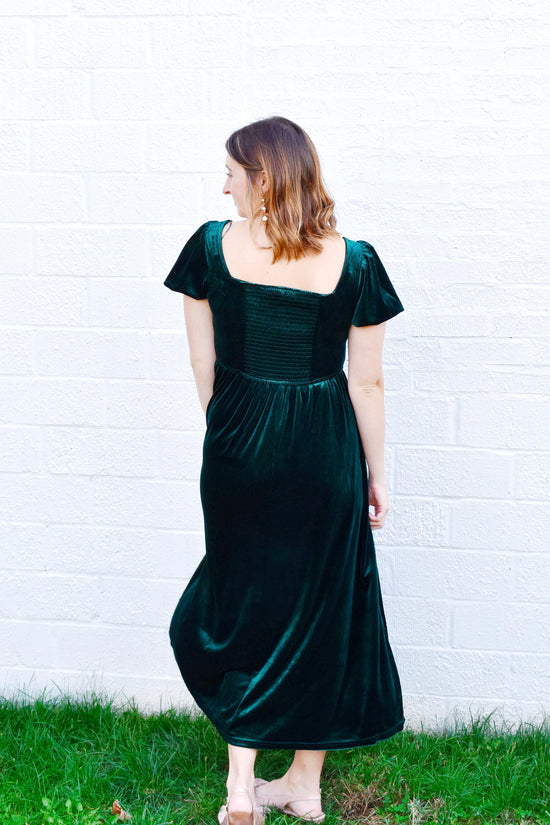 Green Velvet Puff Sleeve Midi Dress