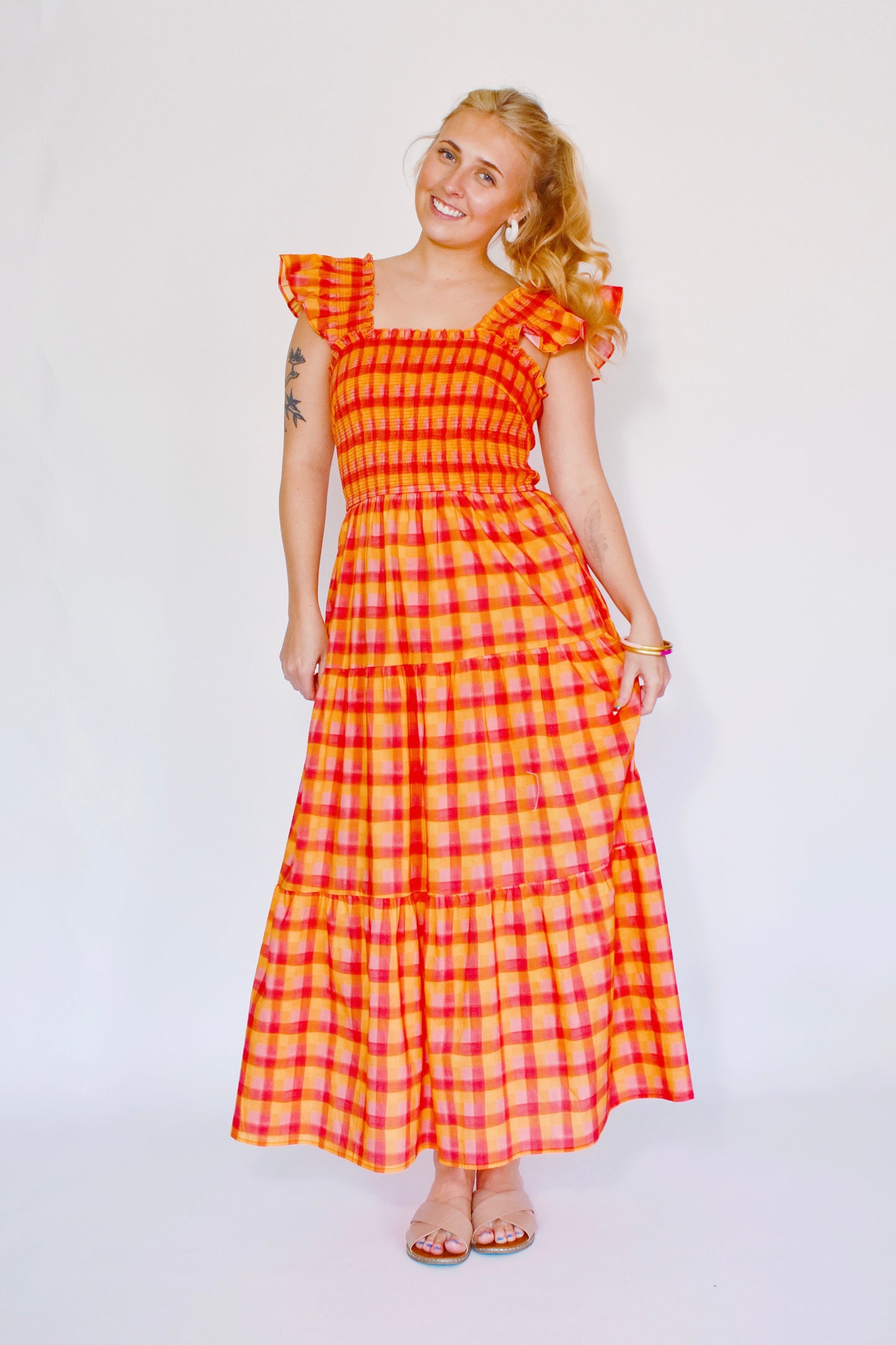 Tangerine Plaid Midi Dress