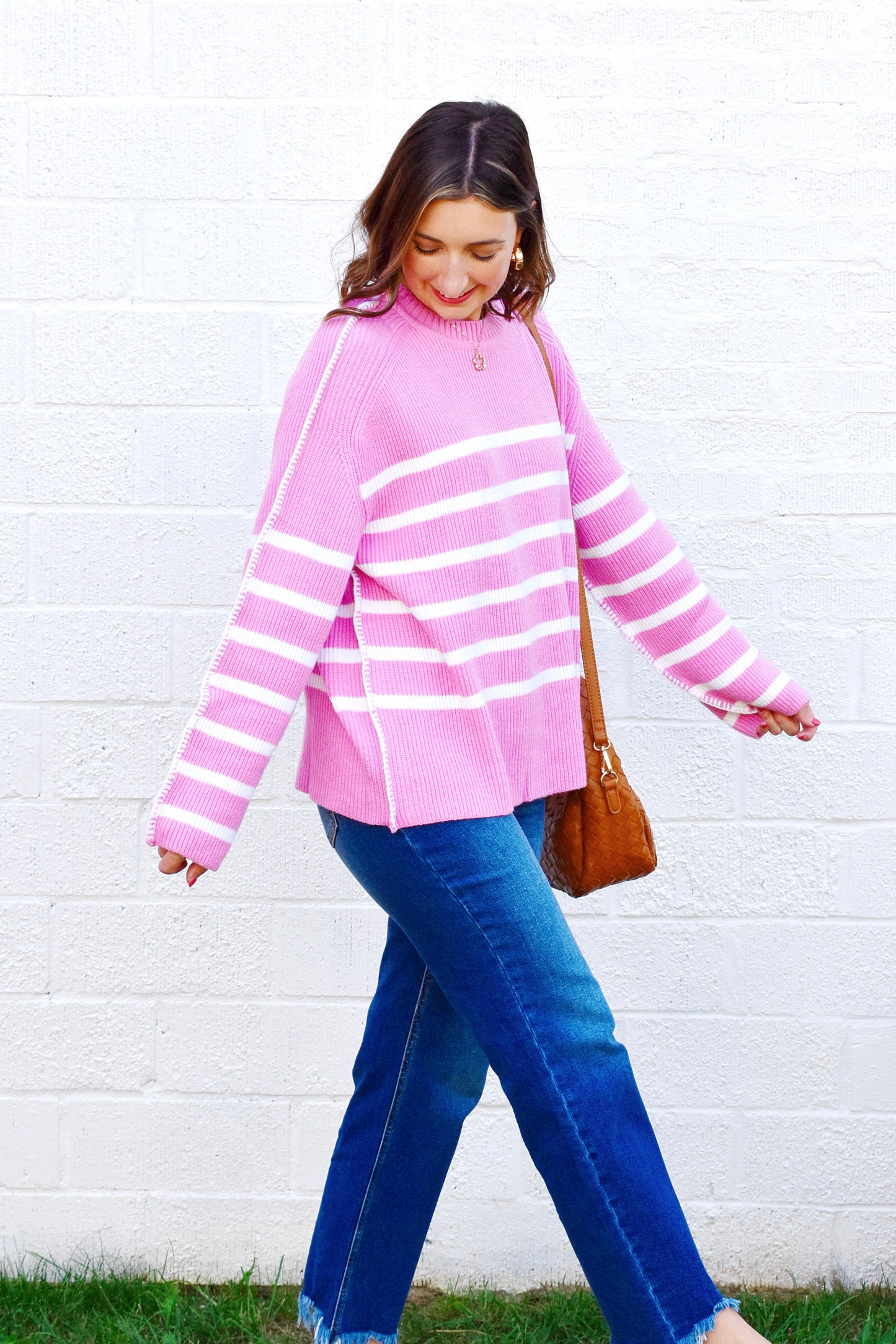 Pink Striped Stitch Trim Sweater