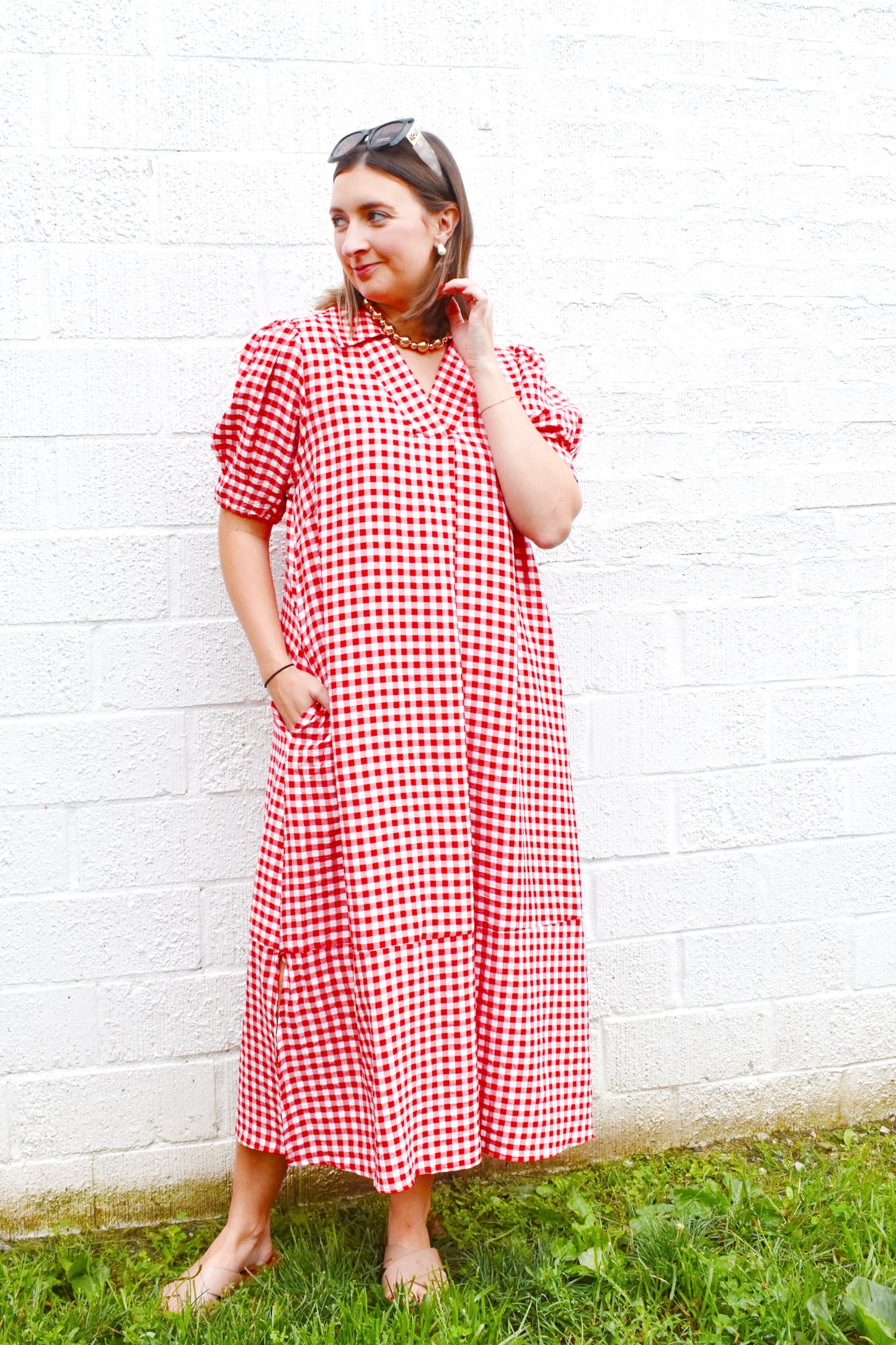 Red Gingham Collared Midi Dress