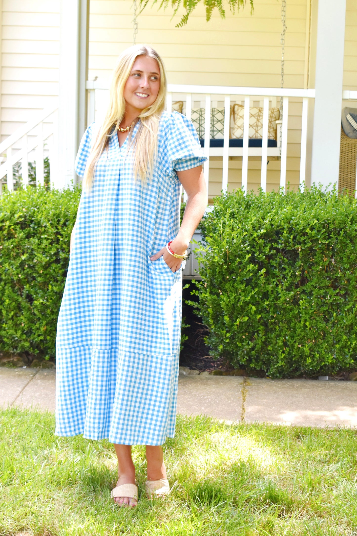 Blue Gingham Collared Midi Dress