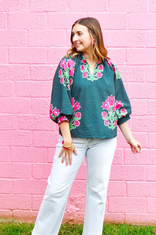 Forest & Pink Floral Scallop Hem Blouse