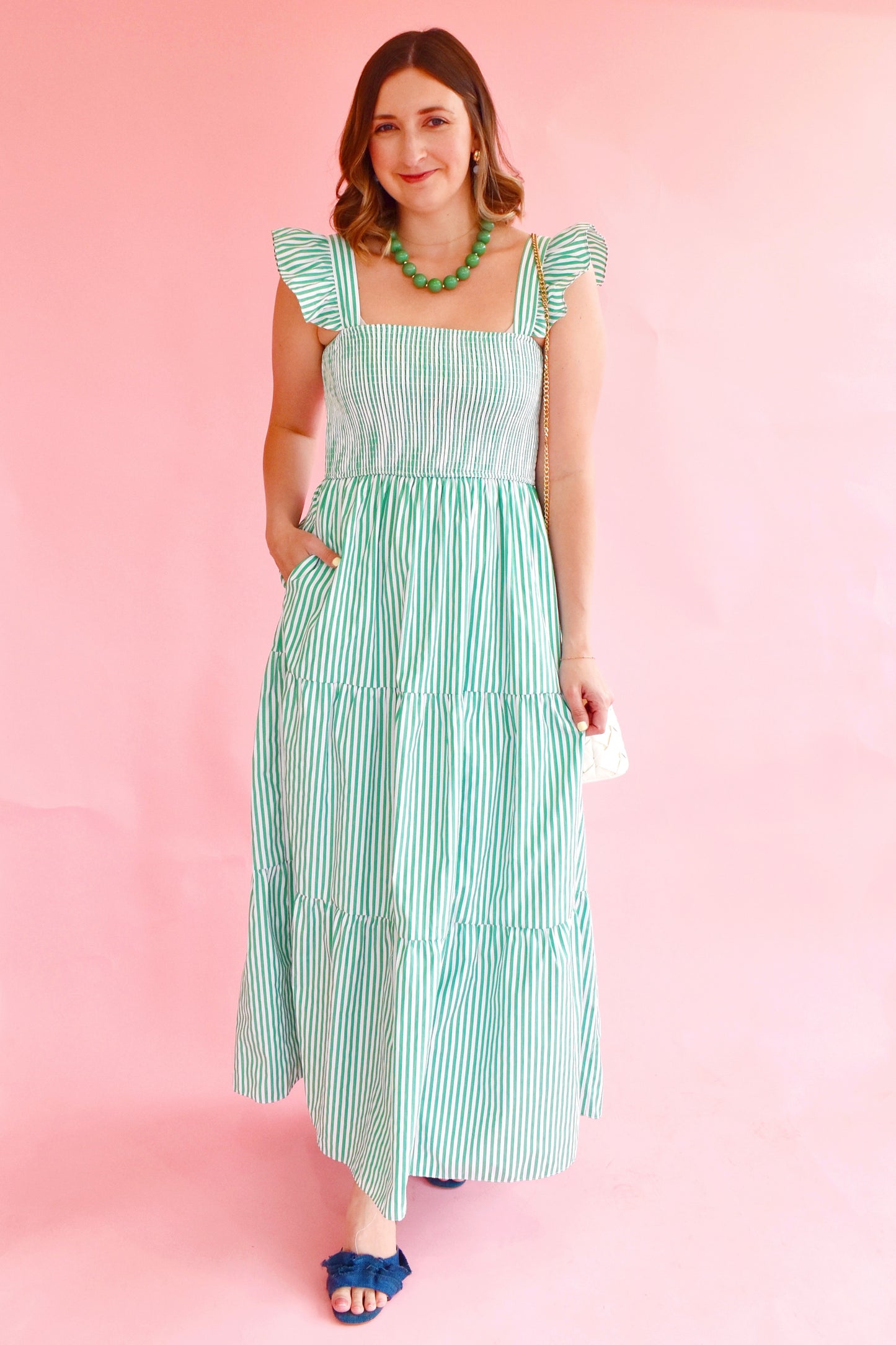 Green Striped Smocked Maxi Dress
