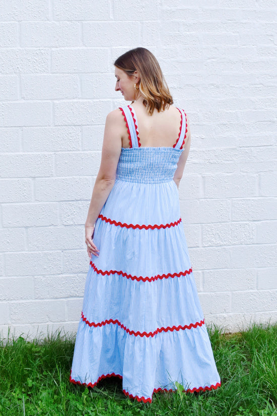 Blue Striped Red Ric Rac Maxi Dress