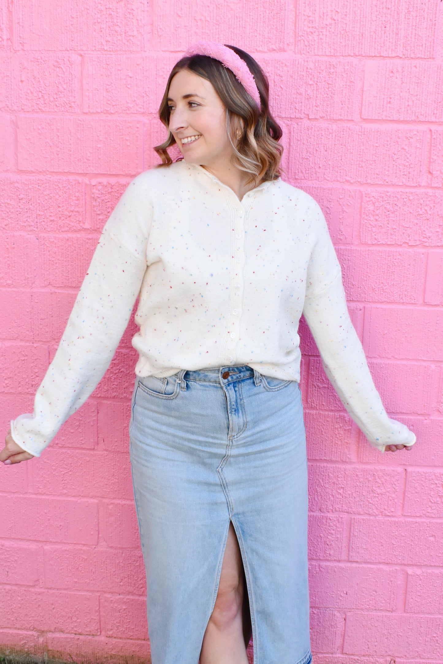 Confetti Speckled Ivory Button Down Cardigan