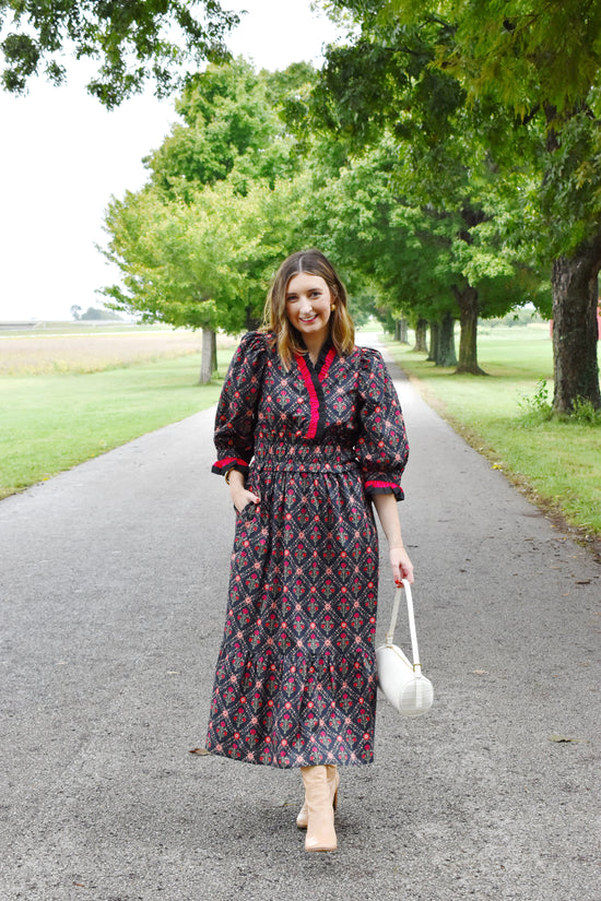 Black Floral Ruffle Neckline Midi Dress