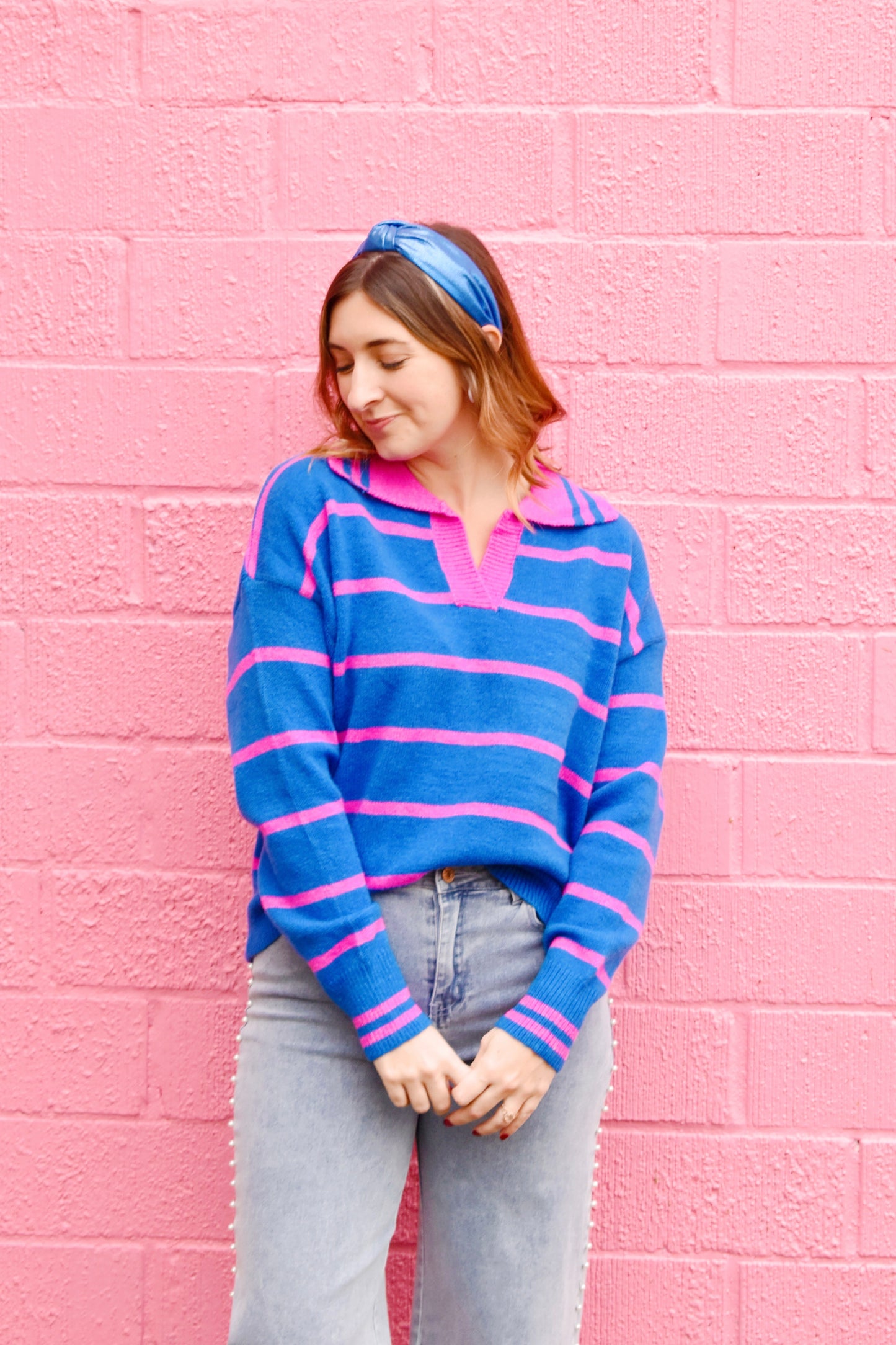 Blue & Pink Striped Collared Sweater