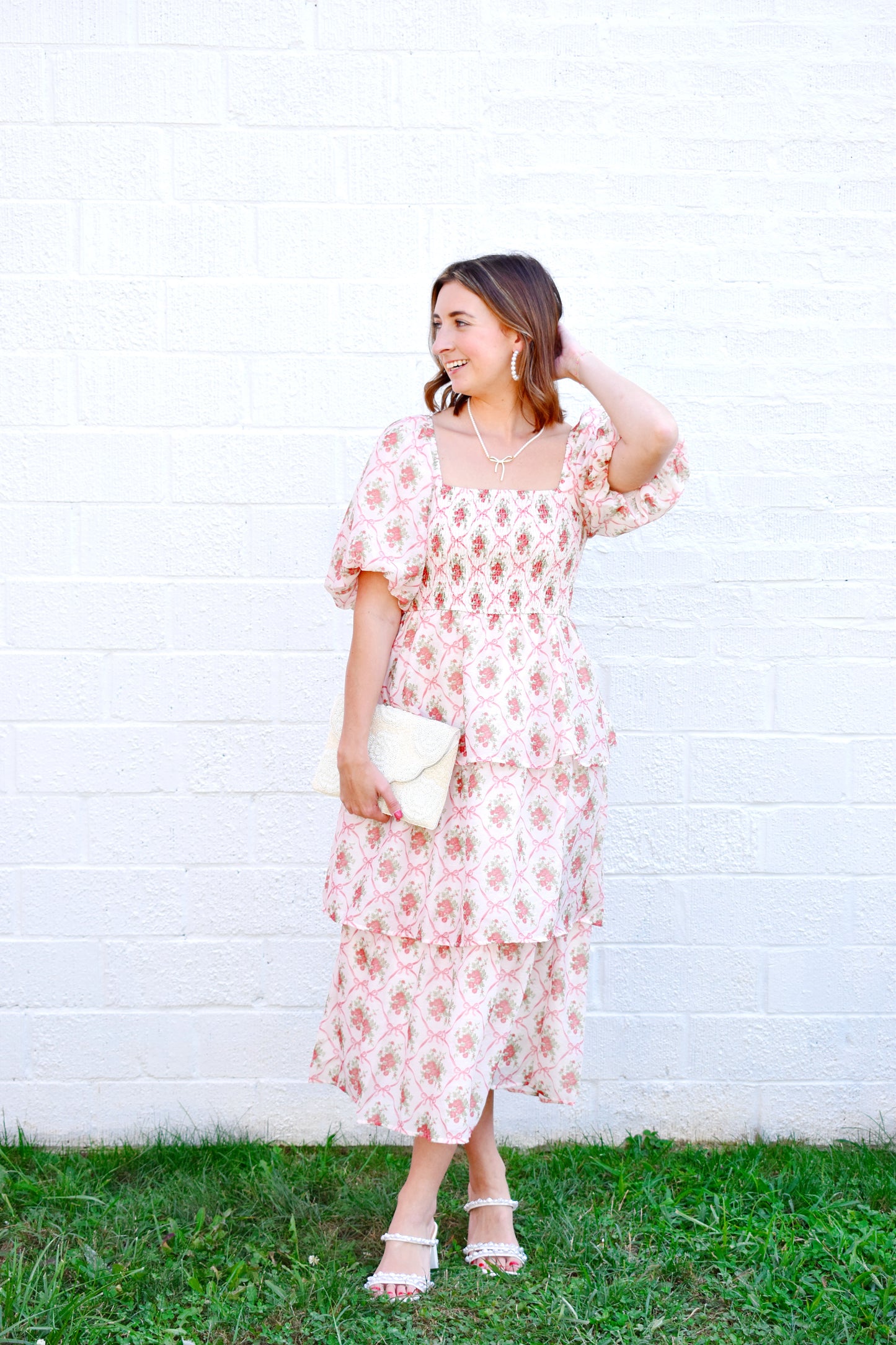 Floral Bow & Rose Printed Tiered Midi Dress