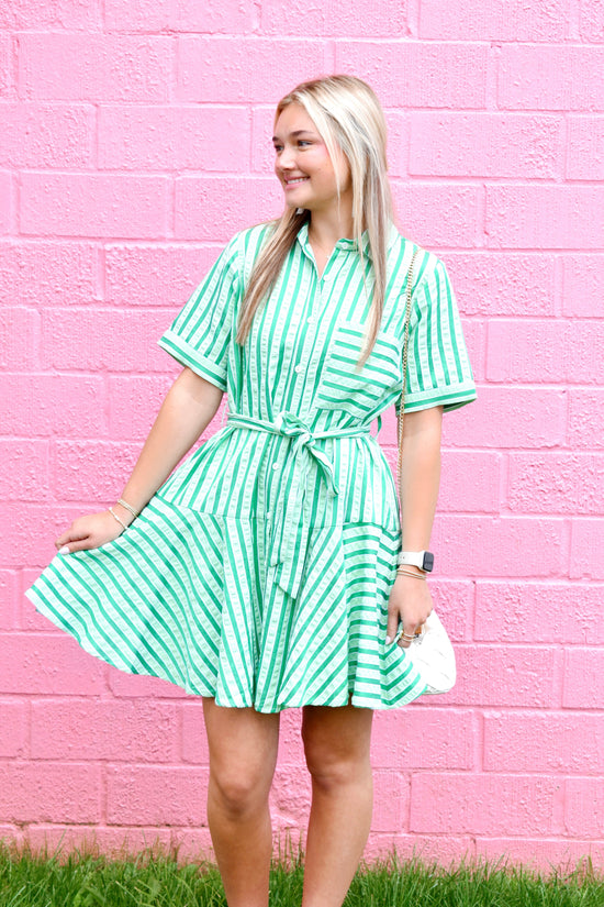 Green Striped Button Down Belted Dress