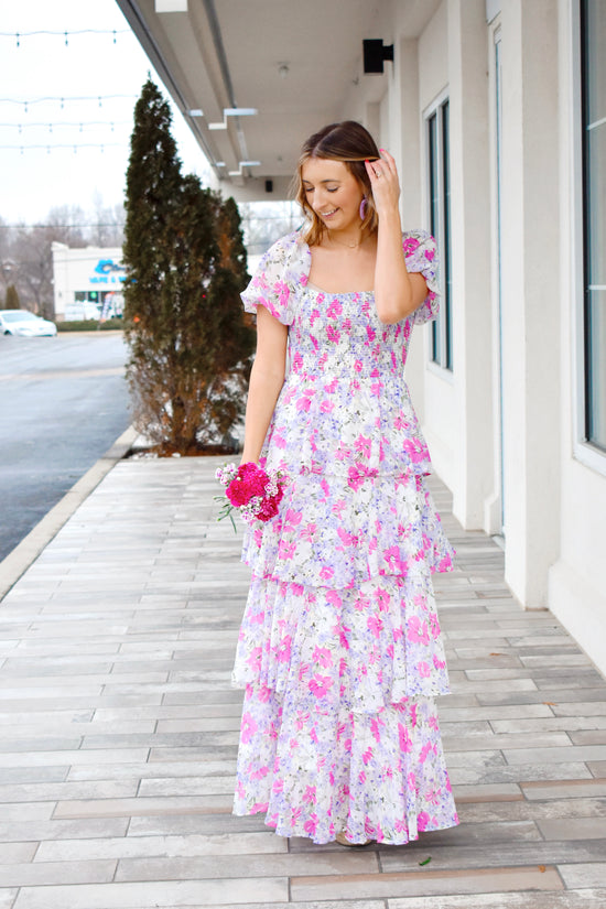 In Full Bloom Pink Floral Tiered Maxi Dress