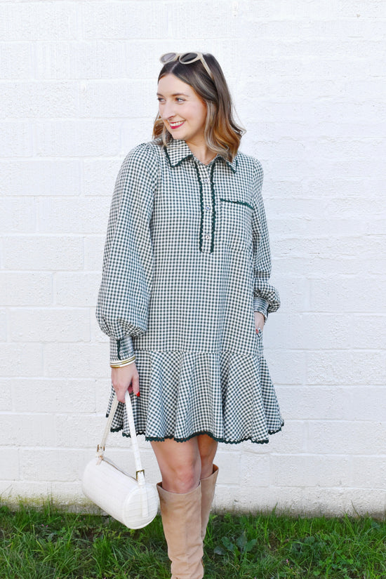 Forest Gingham Drop Waist Mini Dress