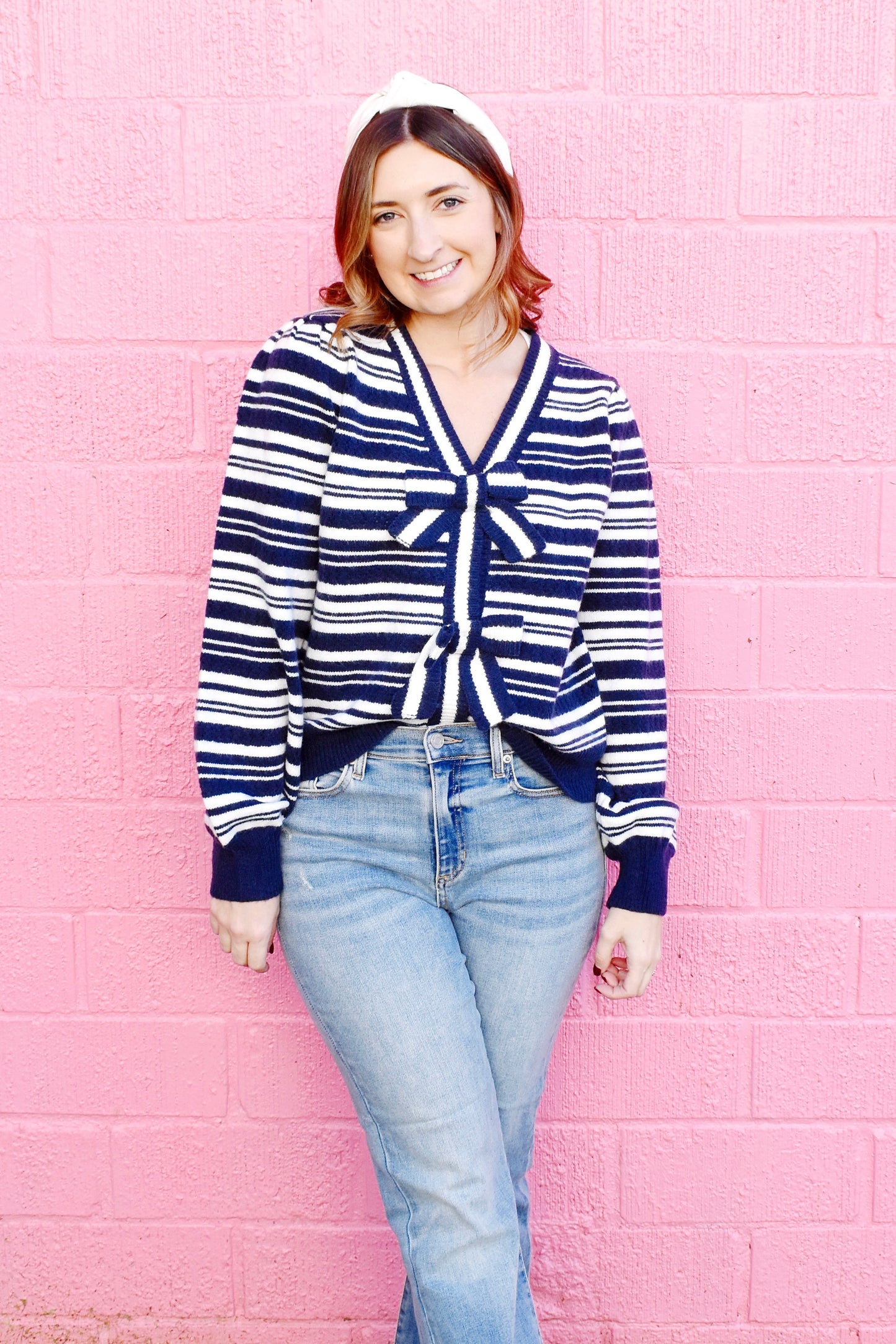 Navy Striped Bow Cardigan Sweater