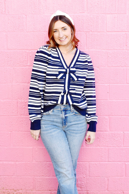 Navy Striped Bow Cardigan Sweater