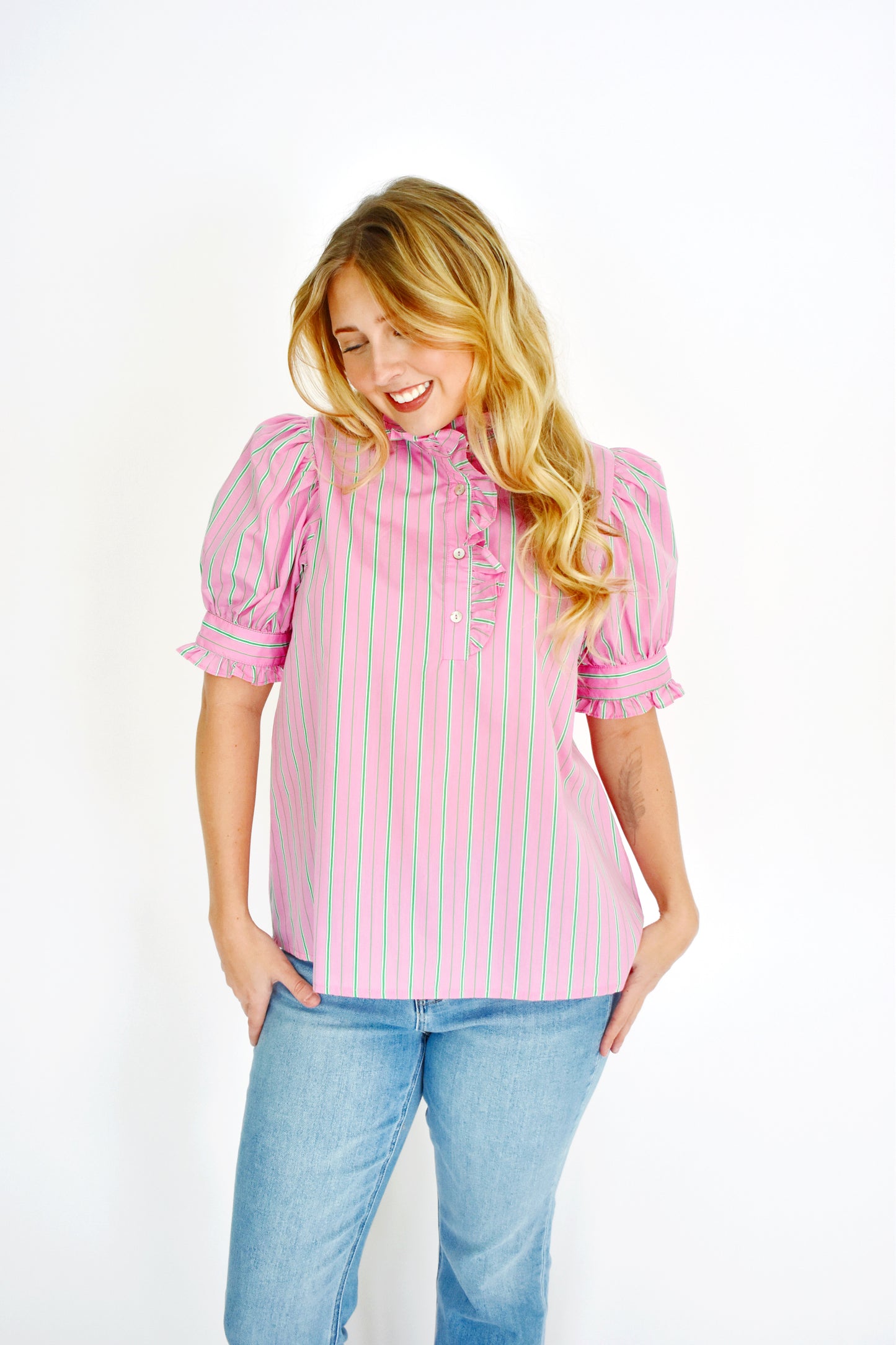 Pink & Green Preppy Stripe Ruffle Blouse