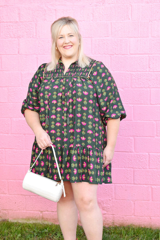 Plus Hunter Green & Pink Floral Mini Dress