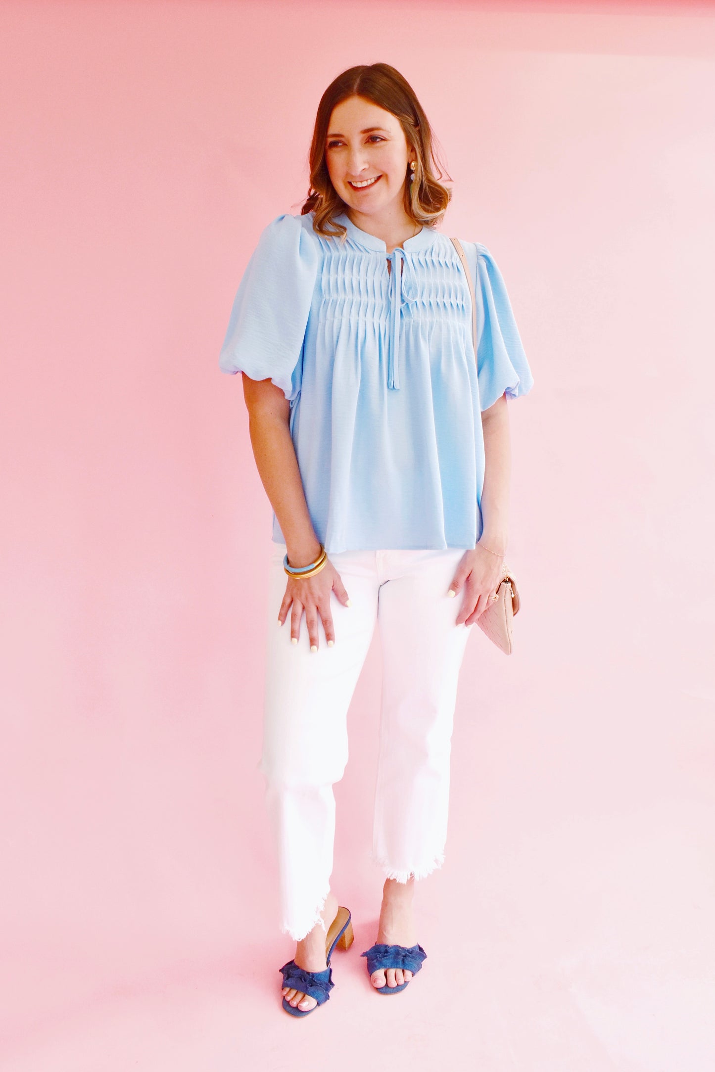 Light Blue Pintuck Detail Tie Neck Blouse