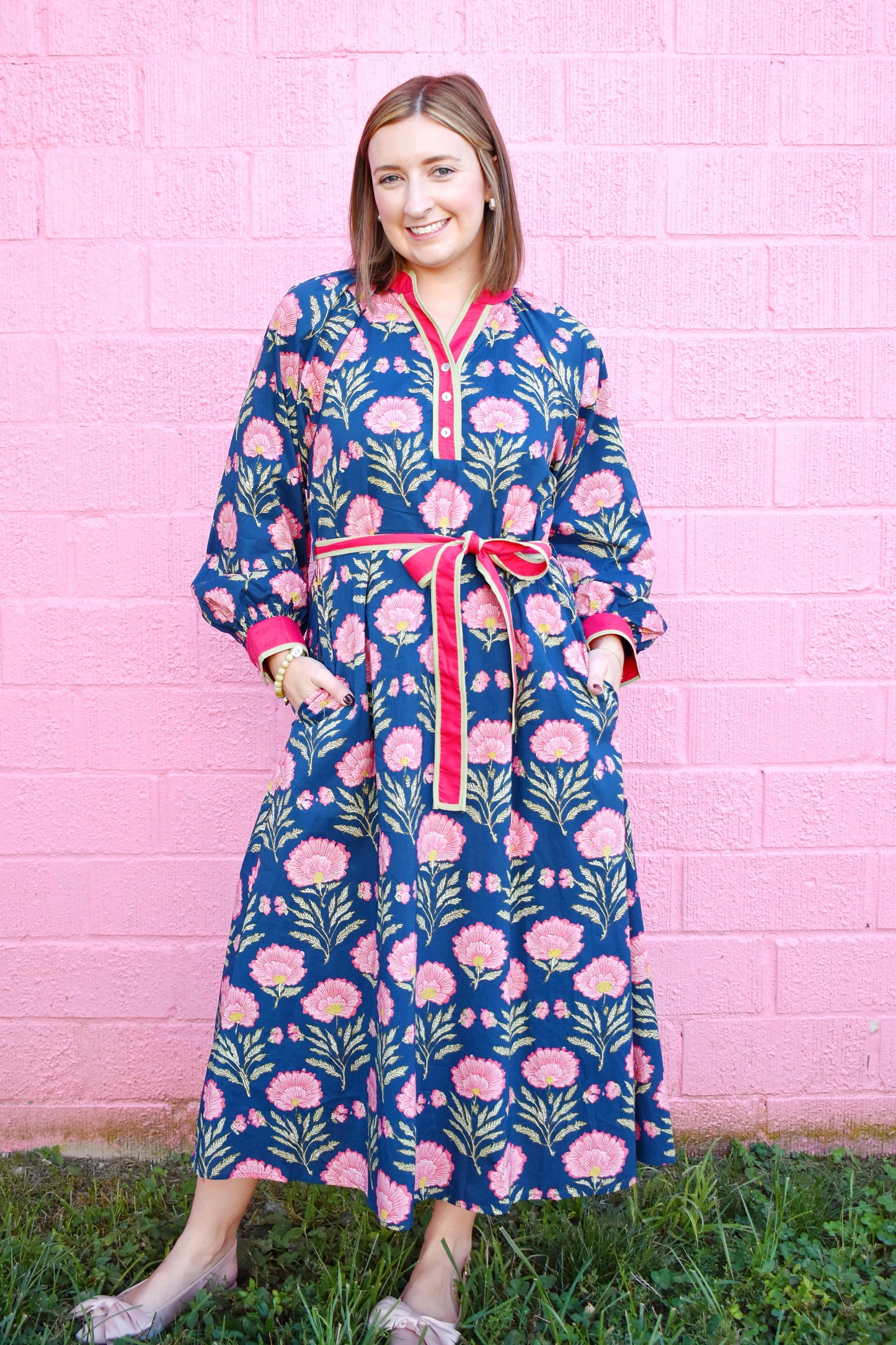 Navy Floral Pink & Green Contrast Midi Dress