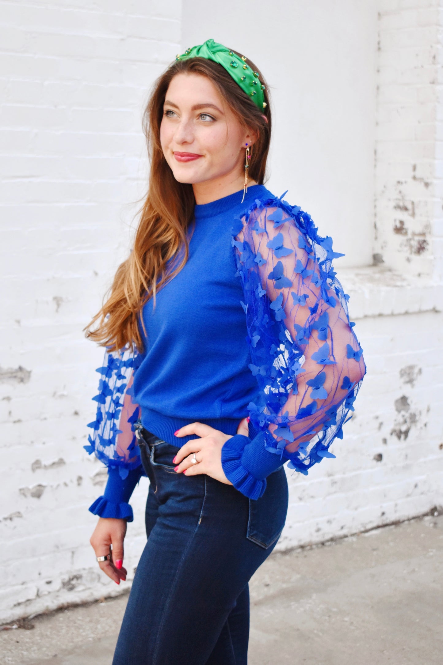 Royal Blue Sweater Top With Butterfly Sleeves