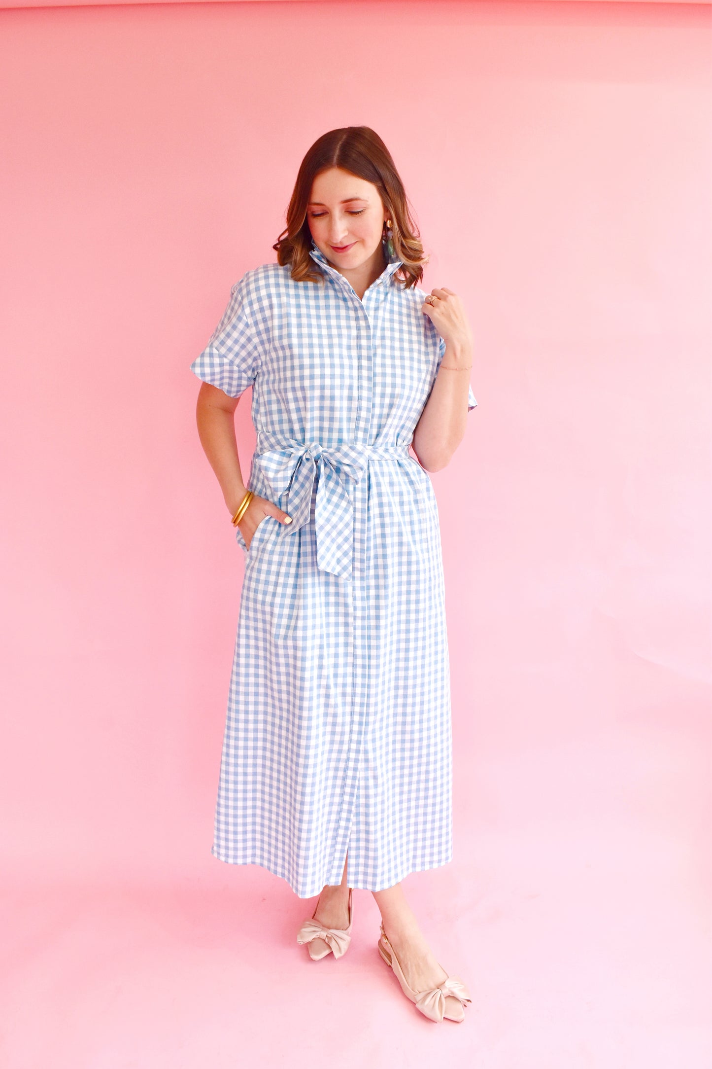 Blue Gingham Preppy Tie Waist Midi Dress