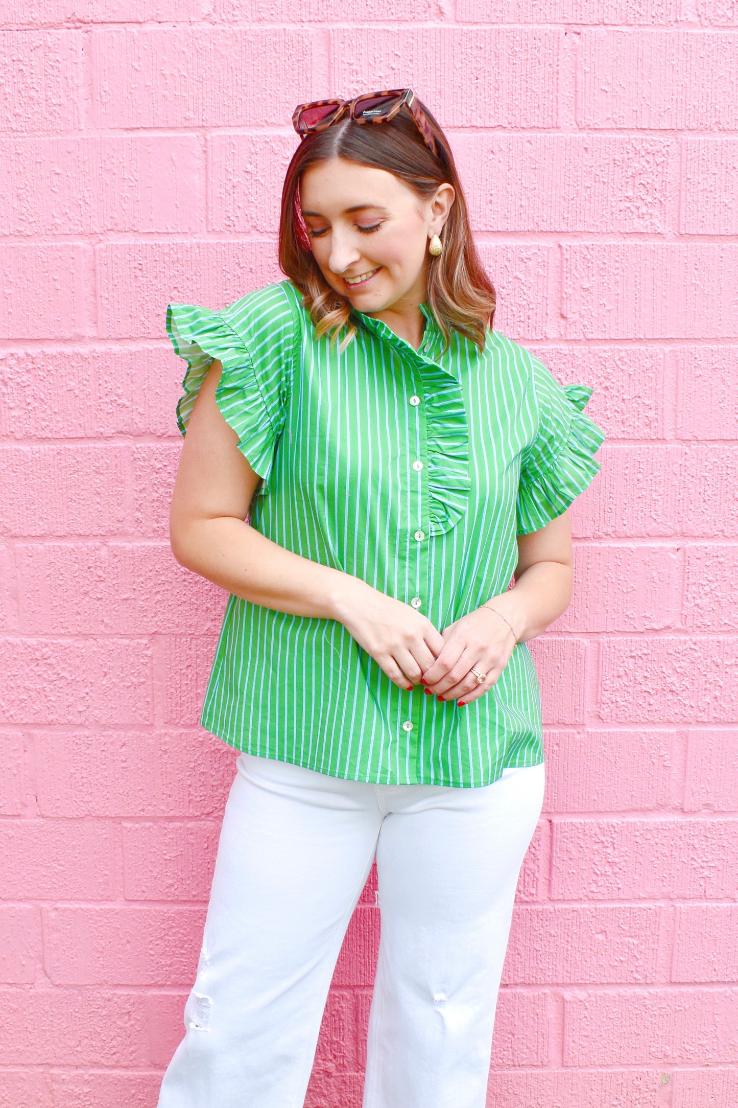 Green Mini Striped Ruffle Button Down Blouse