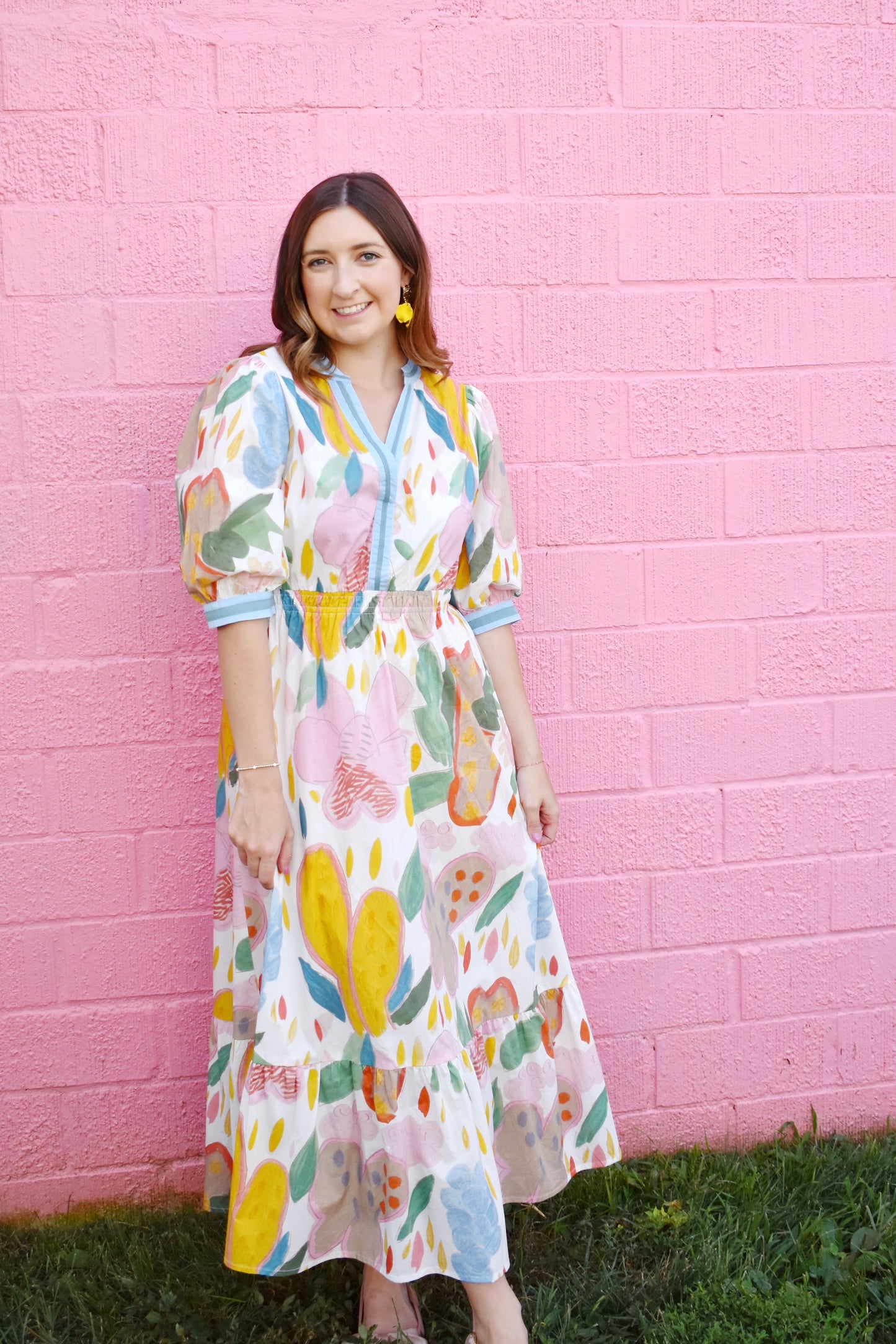 Abstract Colorful Puff Sleeve Midi Dress