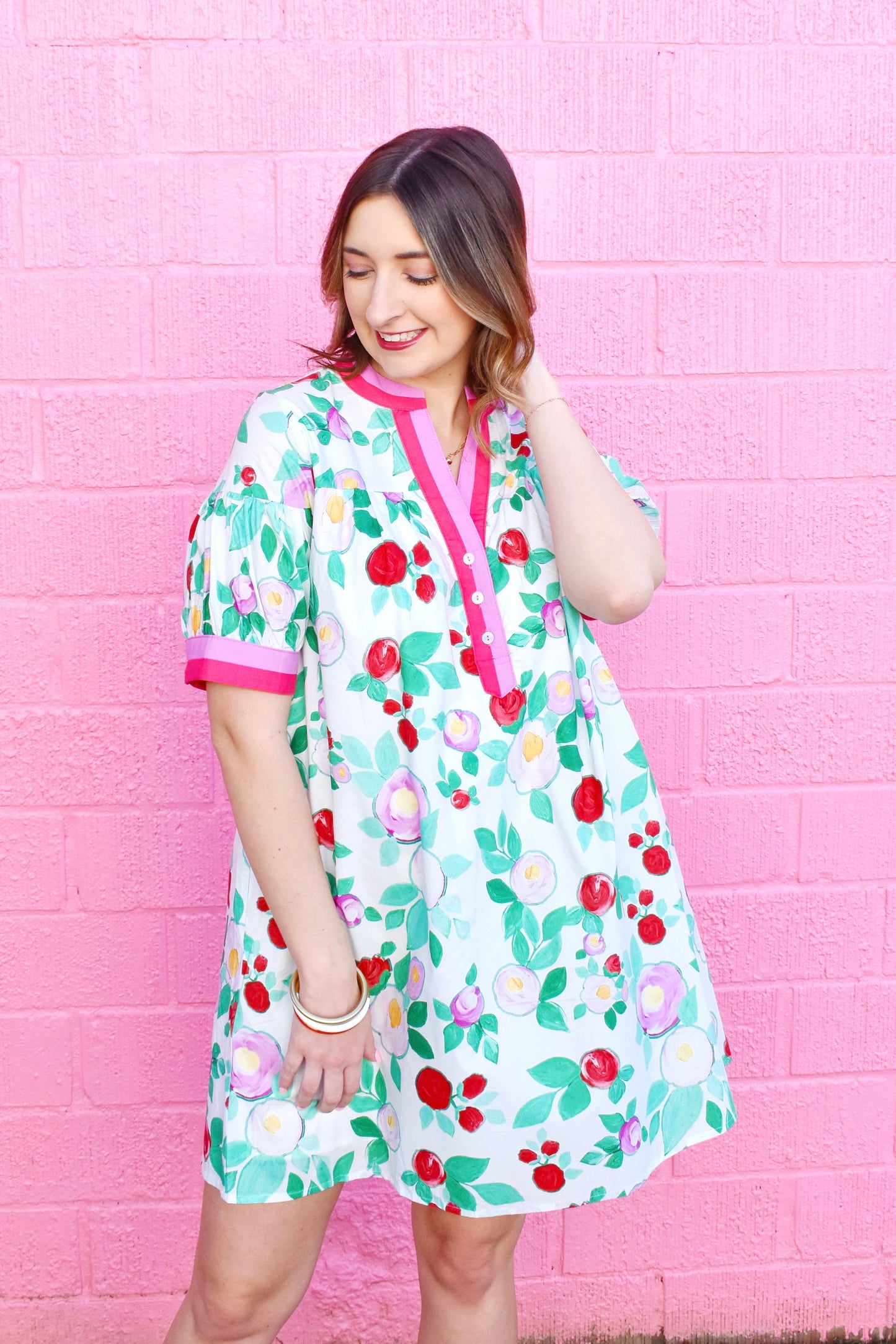 White Colorful Floral Contrast Trim Dress