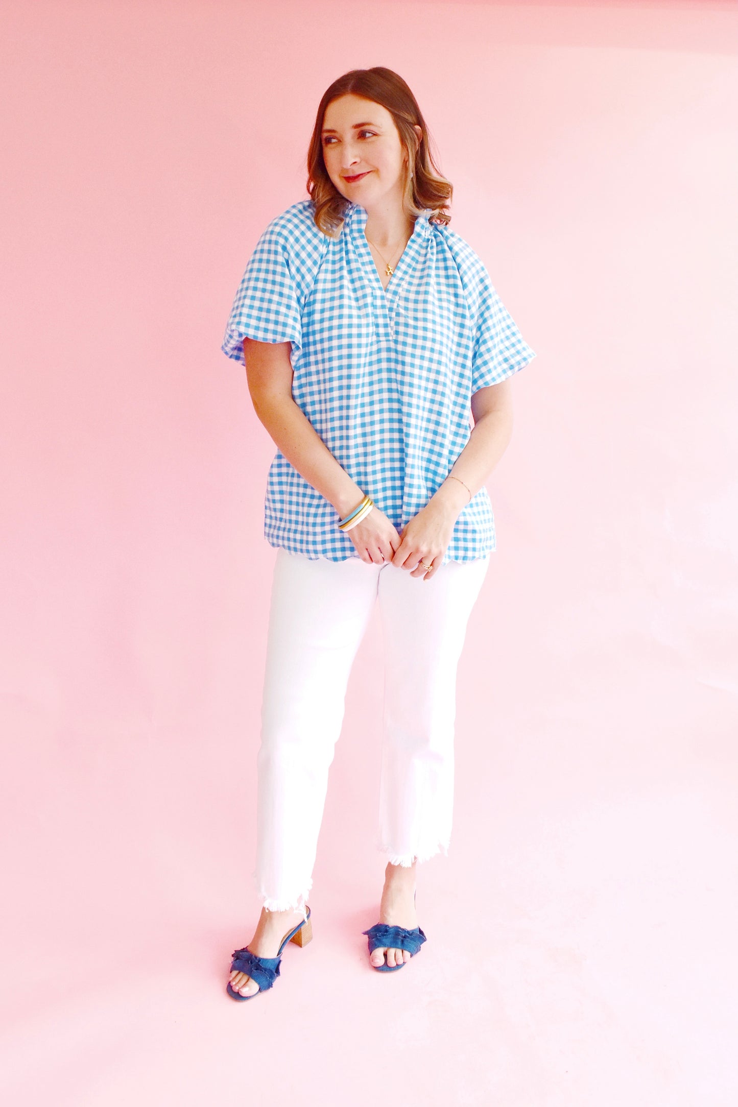 Blue Gingham Scallop Hem Blouse