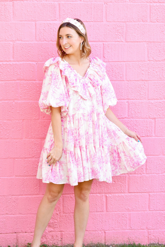 Feminine Pink Toile Ruffle Dress – Confetti Boutique