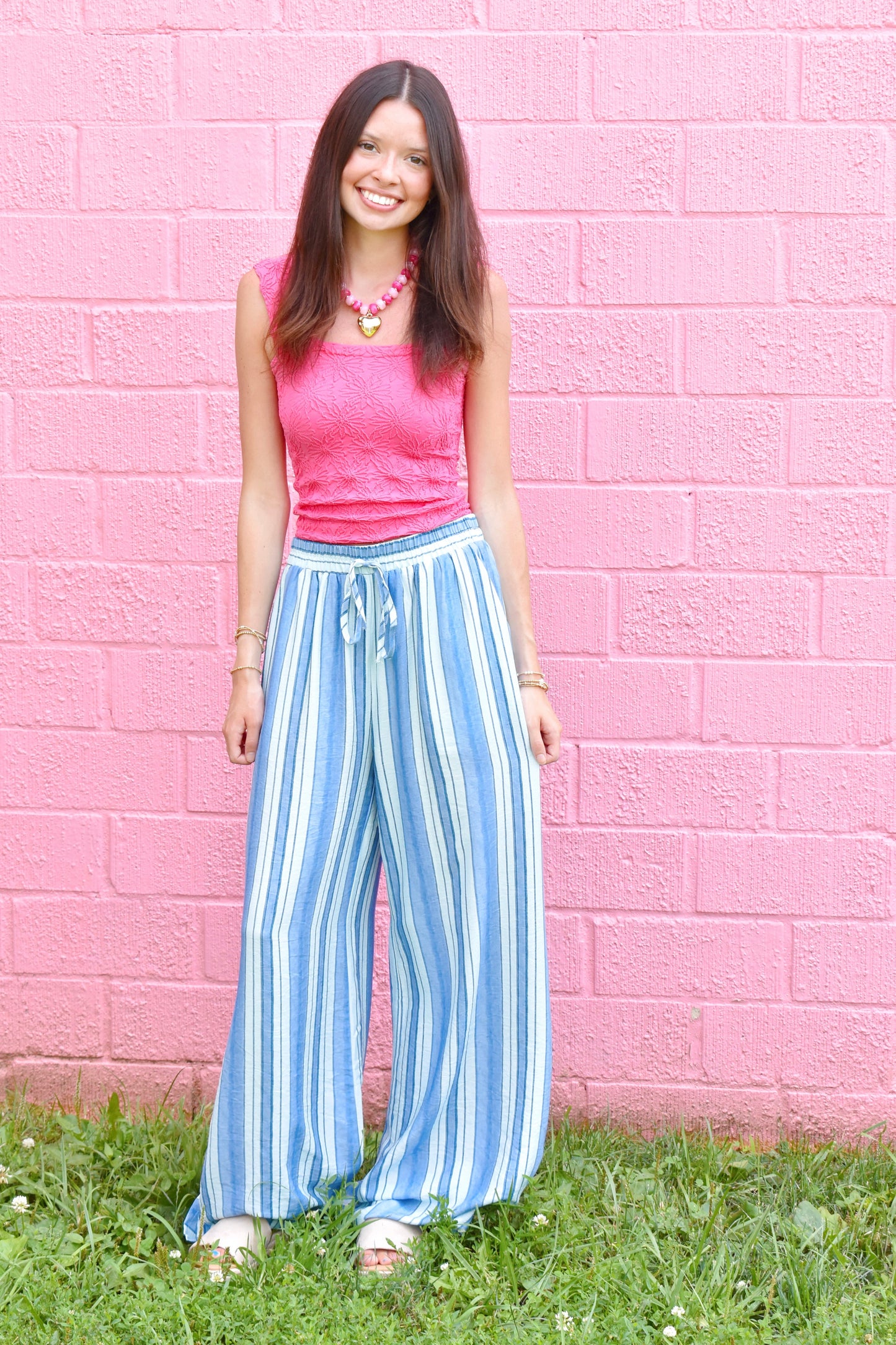 Blue Striped Drawstring Wide Leg Flowy Pants