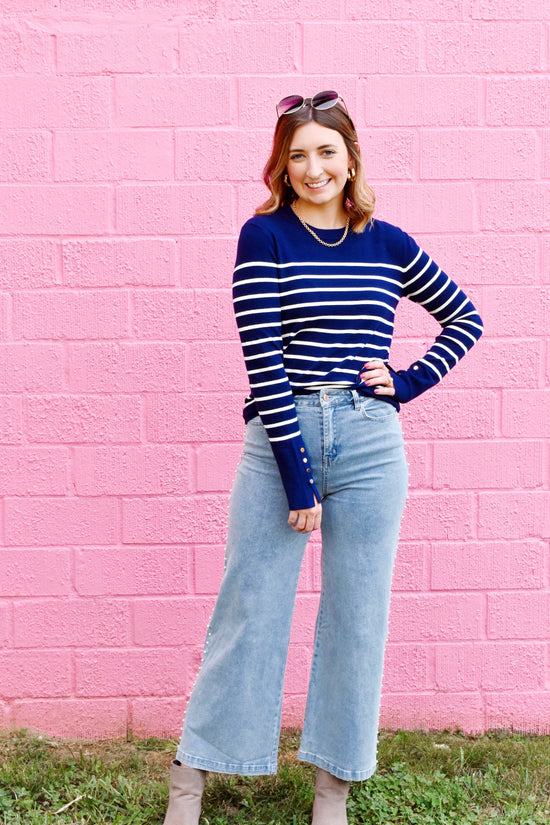 Navy Striped Knitted Top