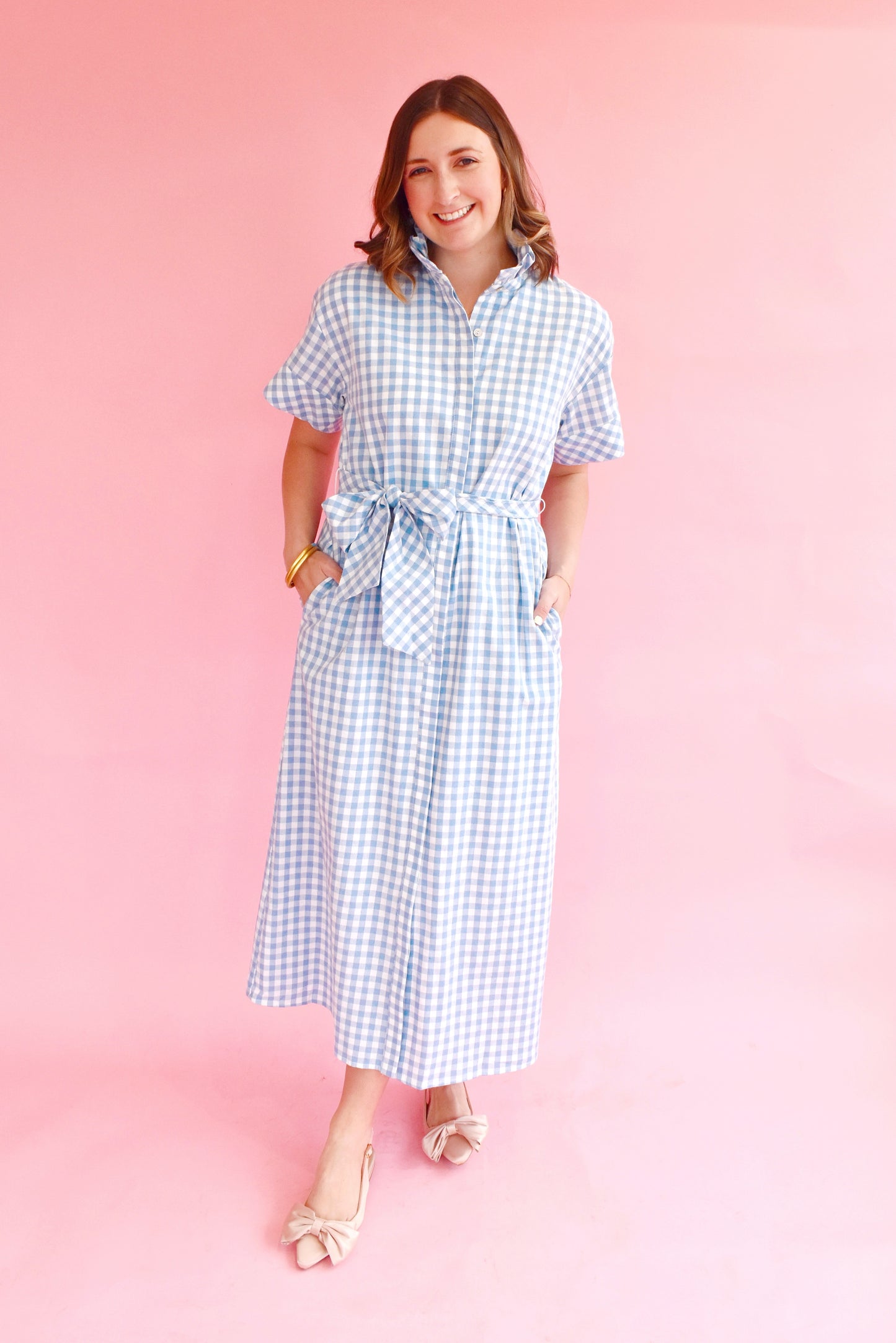 Blue Gingham Preppy Tie Waist Midi Dress