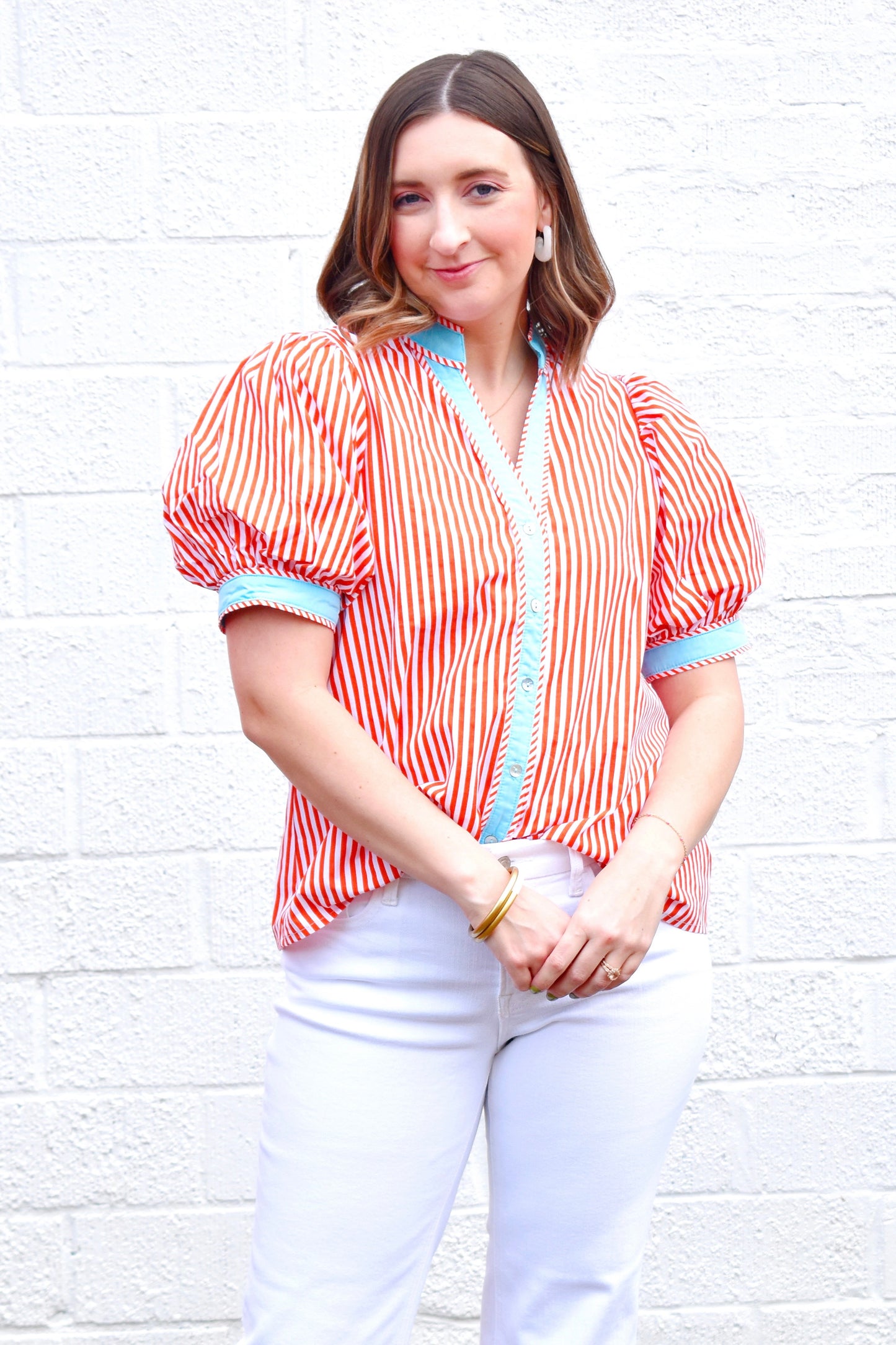 Orange Stripe & Blue Contrast Button Top