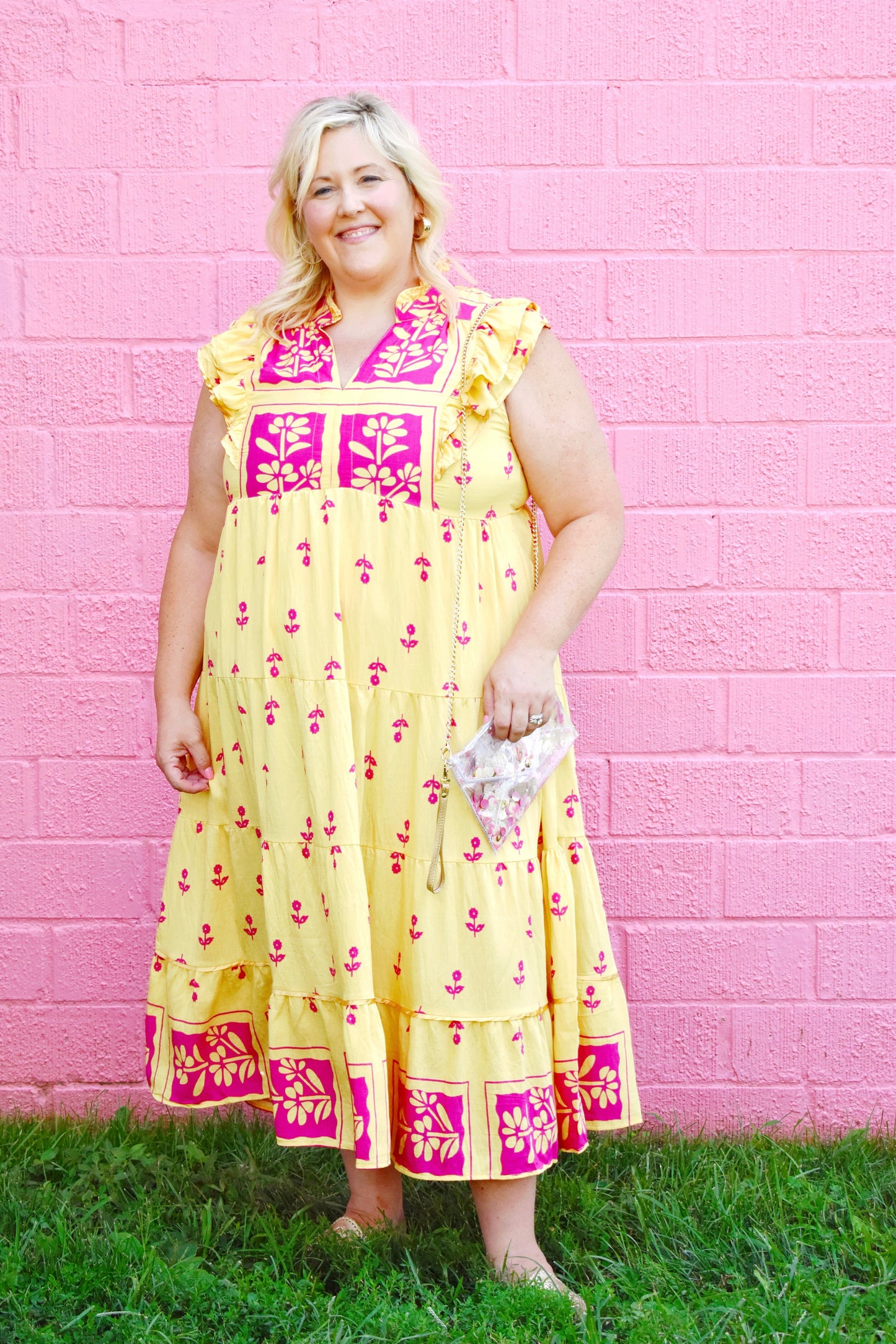 pink and yellow midi dress Zaina Yellow Pink Floral Print Lace Trim Linen Midi Dress