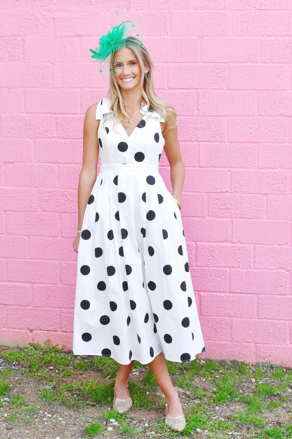 White & Black Polka Dot Bow Shoulder Midi Dress – Confetti Boutique