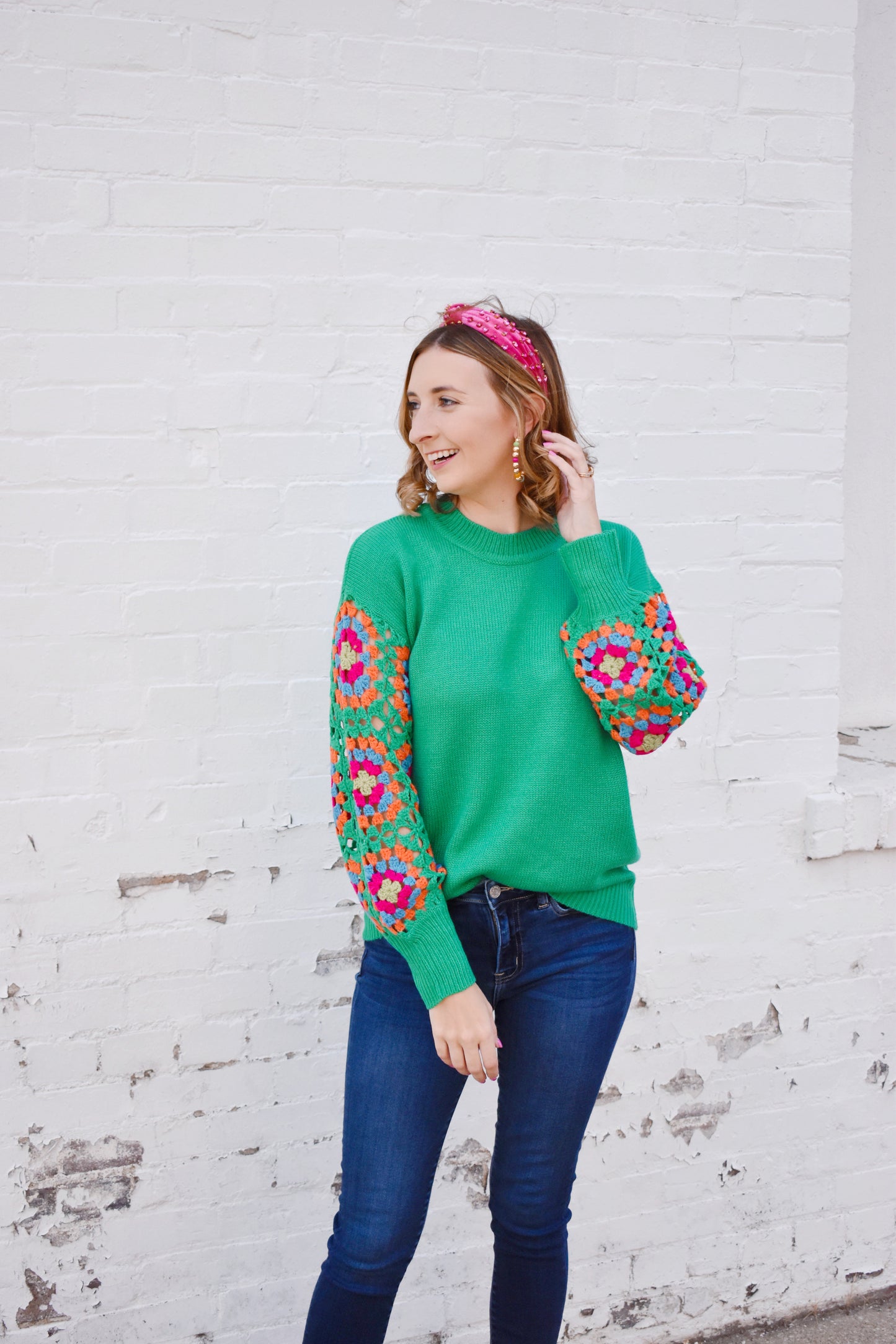 Kelly Green Multicolor Crochet Sleeve Sweater