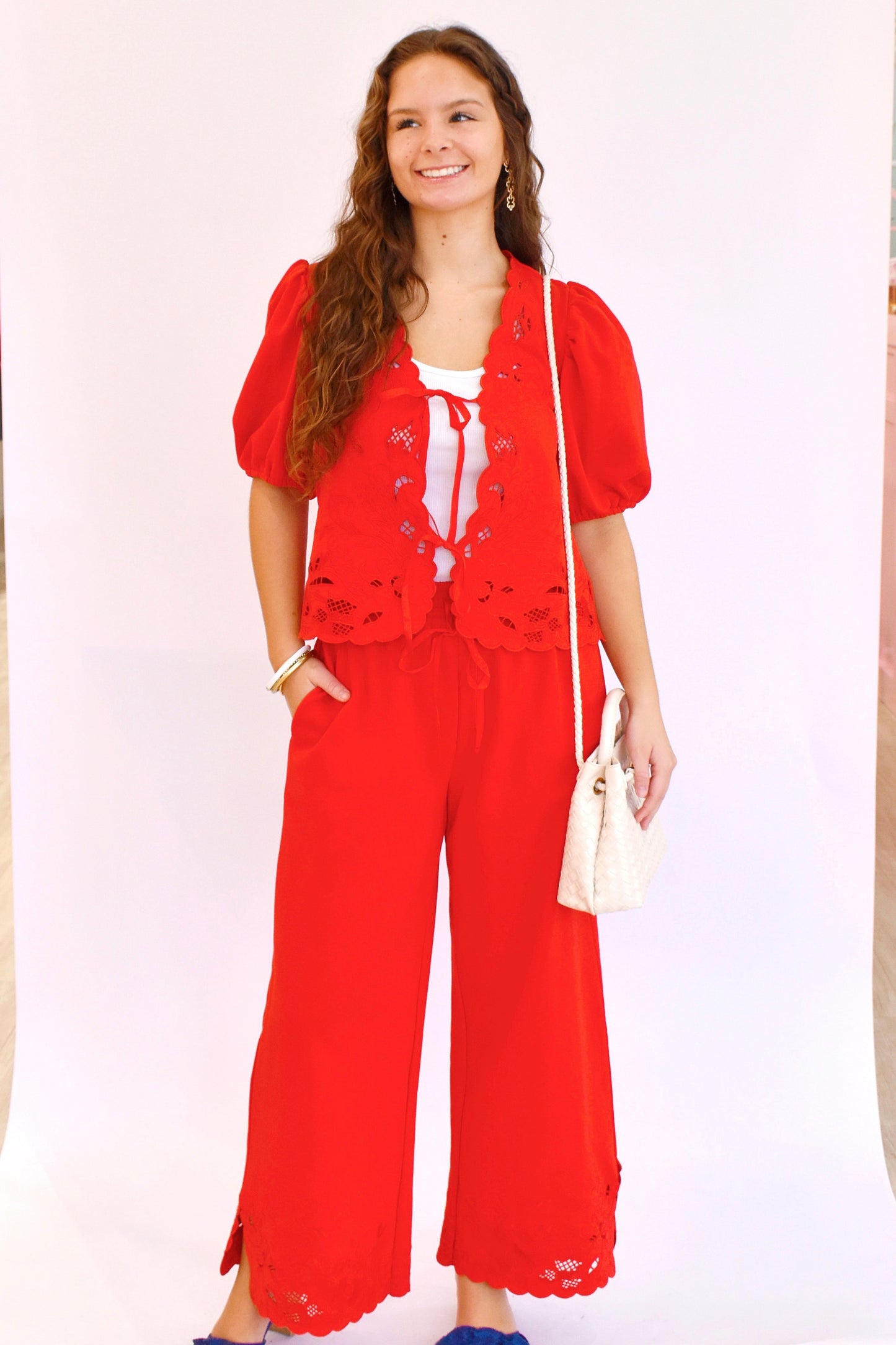 Red Eyelet Embroidery Detailing Drawstring Pants