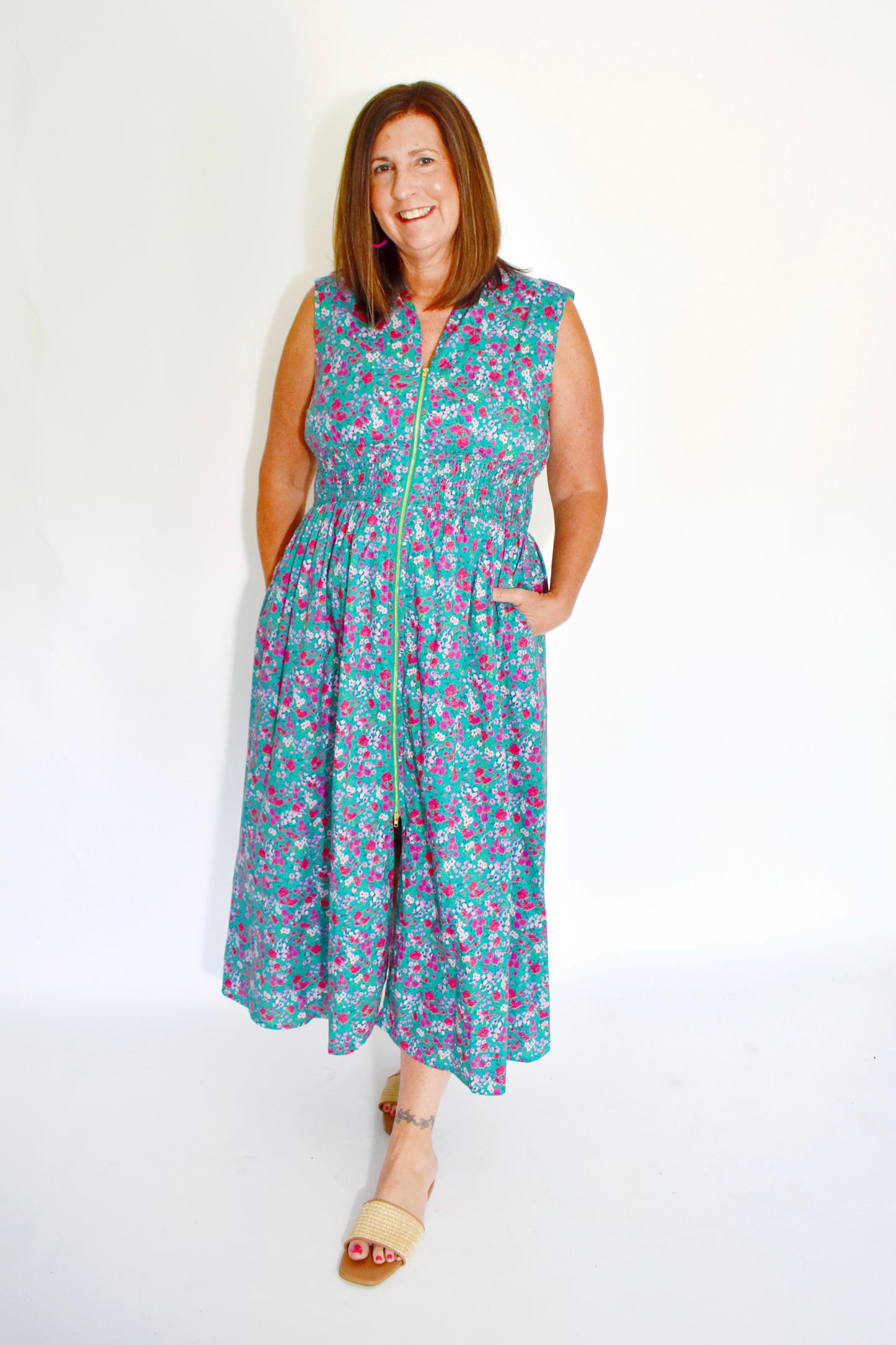 Green Pink Ditsy Floral Zip Midi Dress