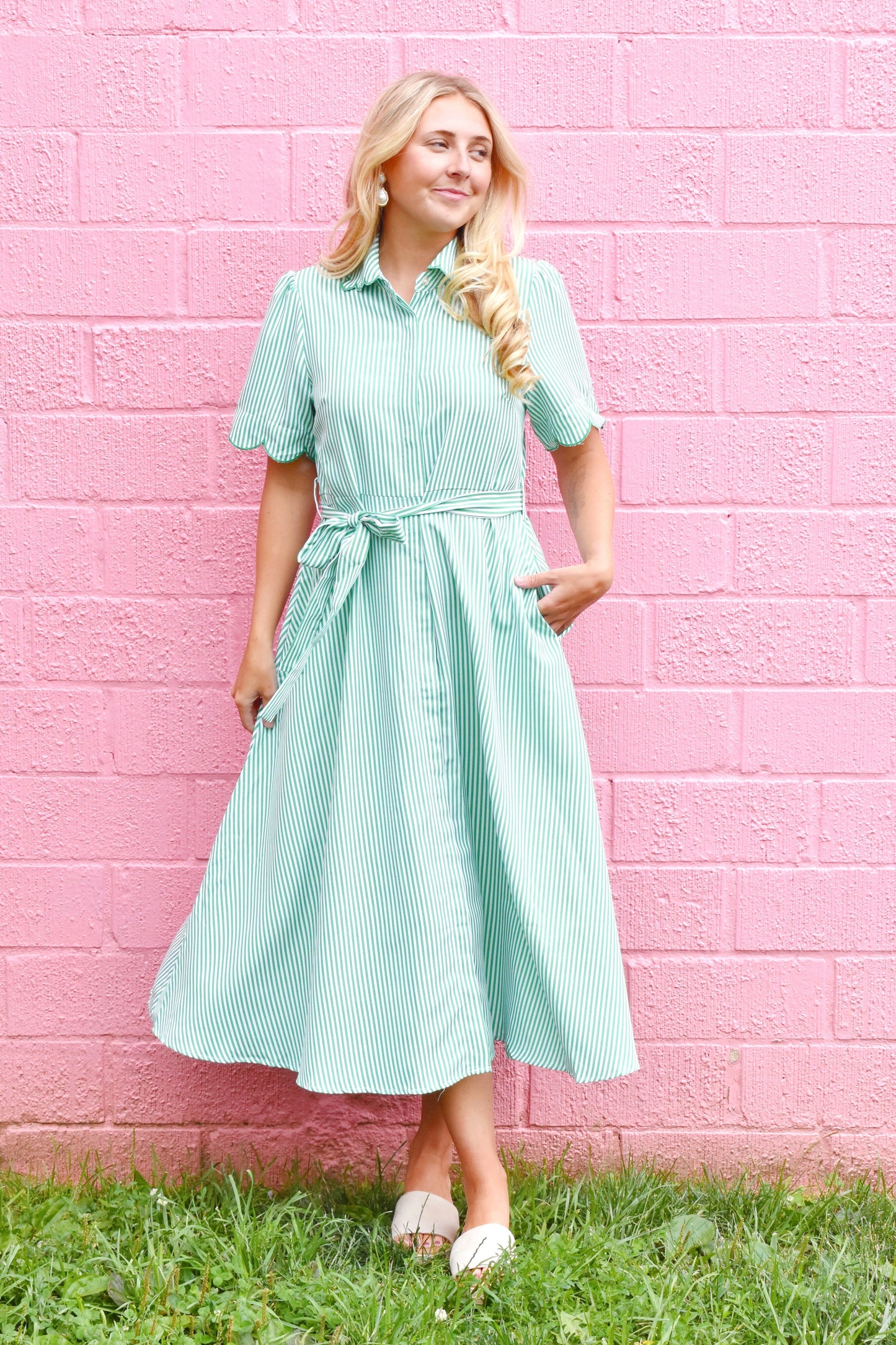 Green Stripe Scallop Sleeve Midi Dress