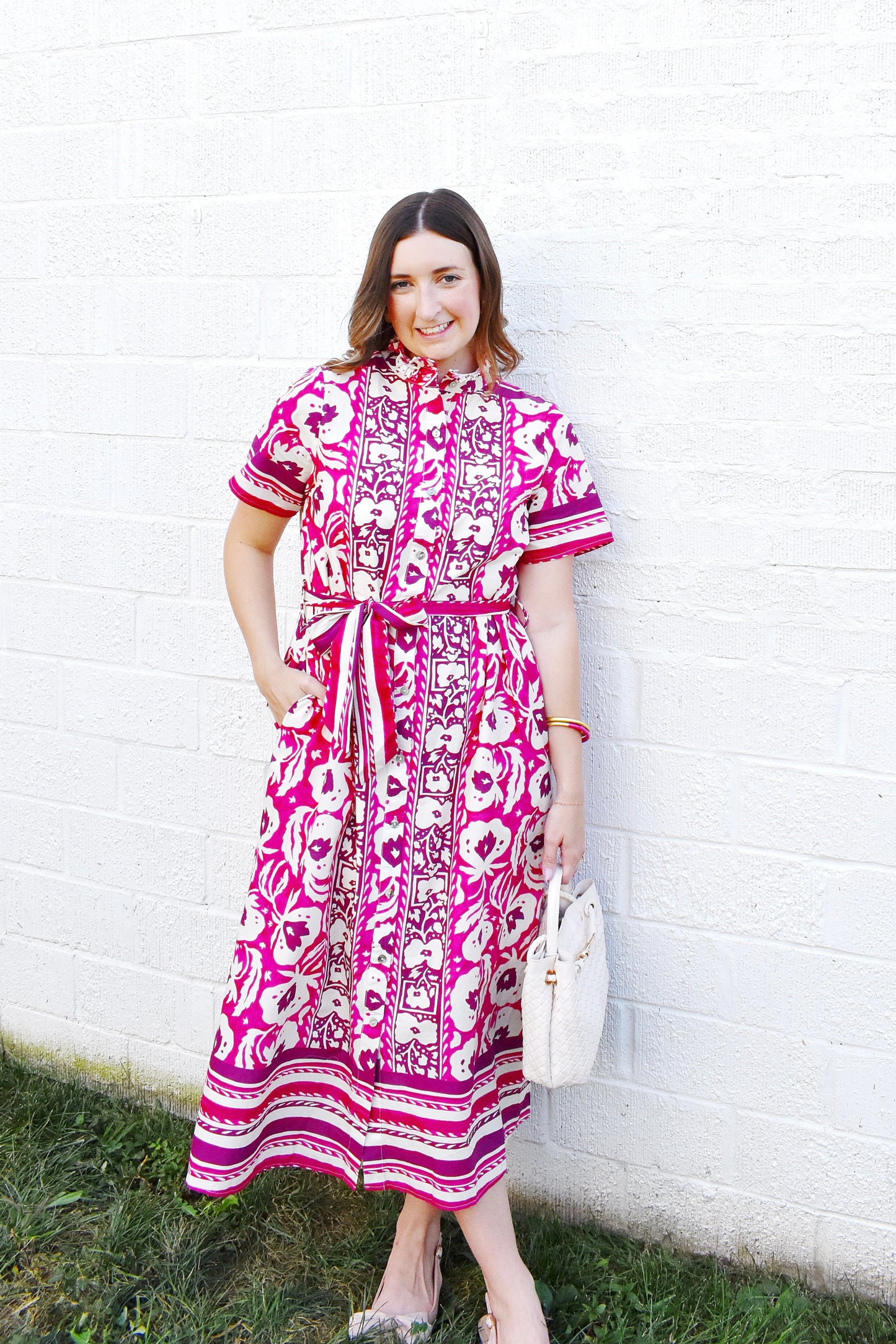 Magenta Floral Stripe Contrast Tie Waist Dress
