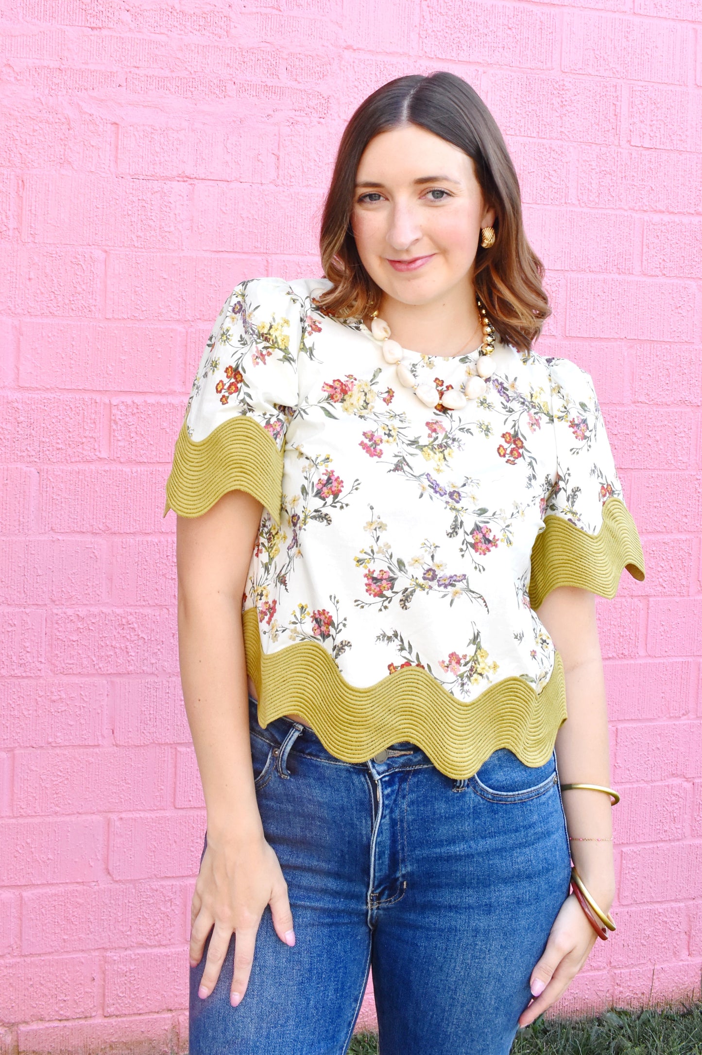 Fall Floral Oversized Wave Trim Blouse